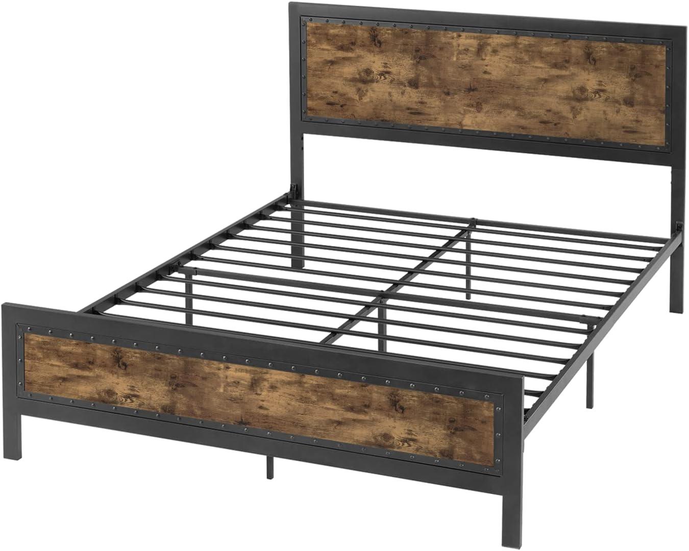 Industrial Grey Metal Queen Bed Frame with Rivet Headboard