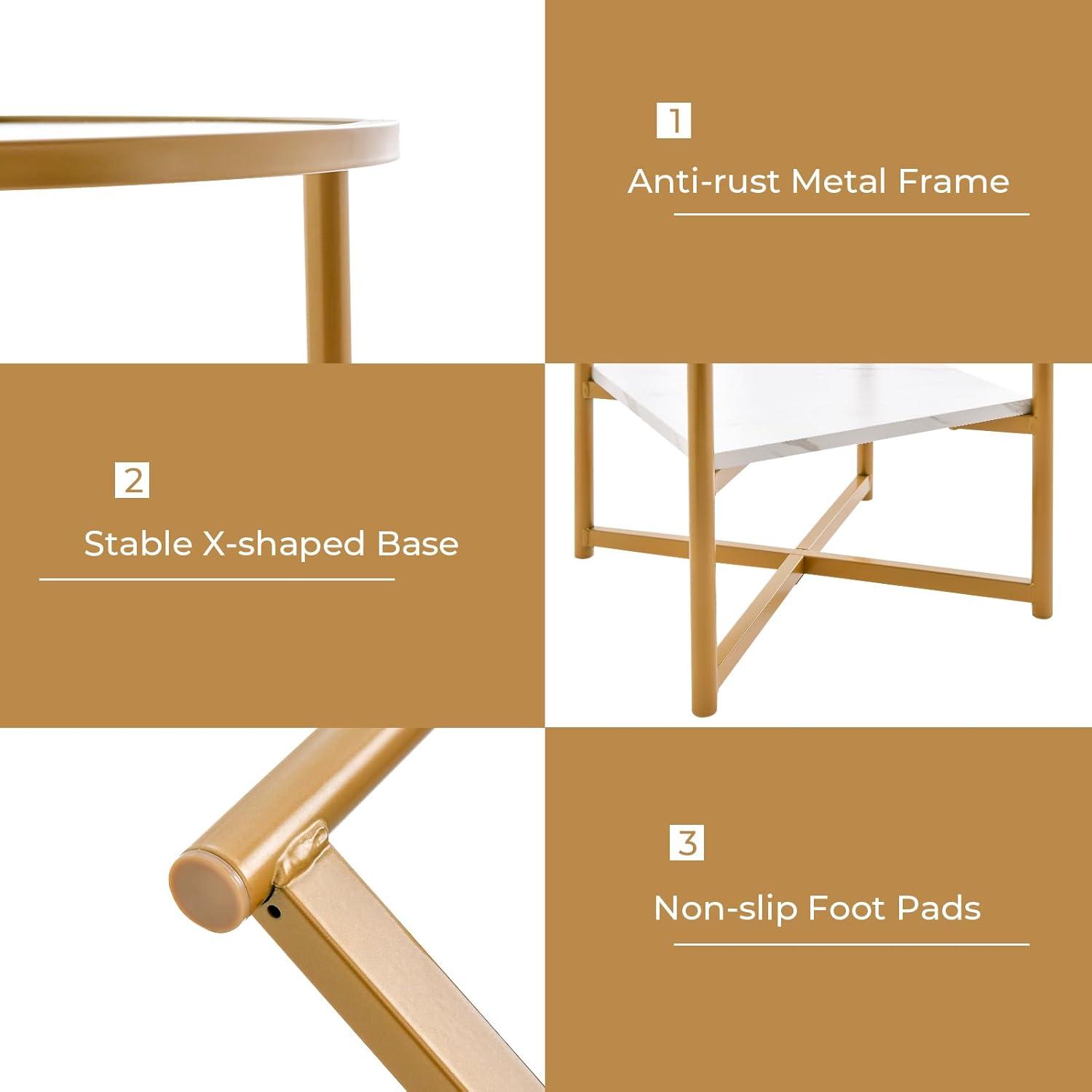 Kepooman End Tables,Side End Table,Nightstand,2-Tier Glass End Table Set of 2 with Faux Marble Storage Shelf-White