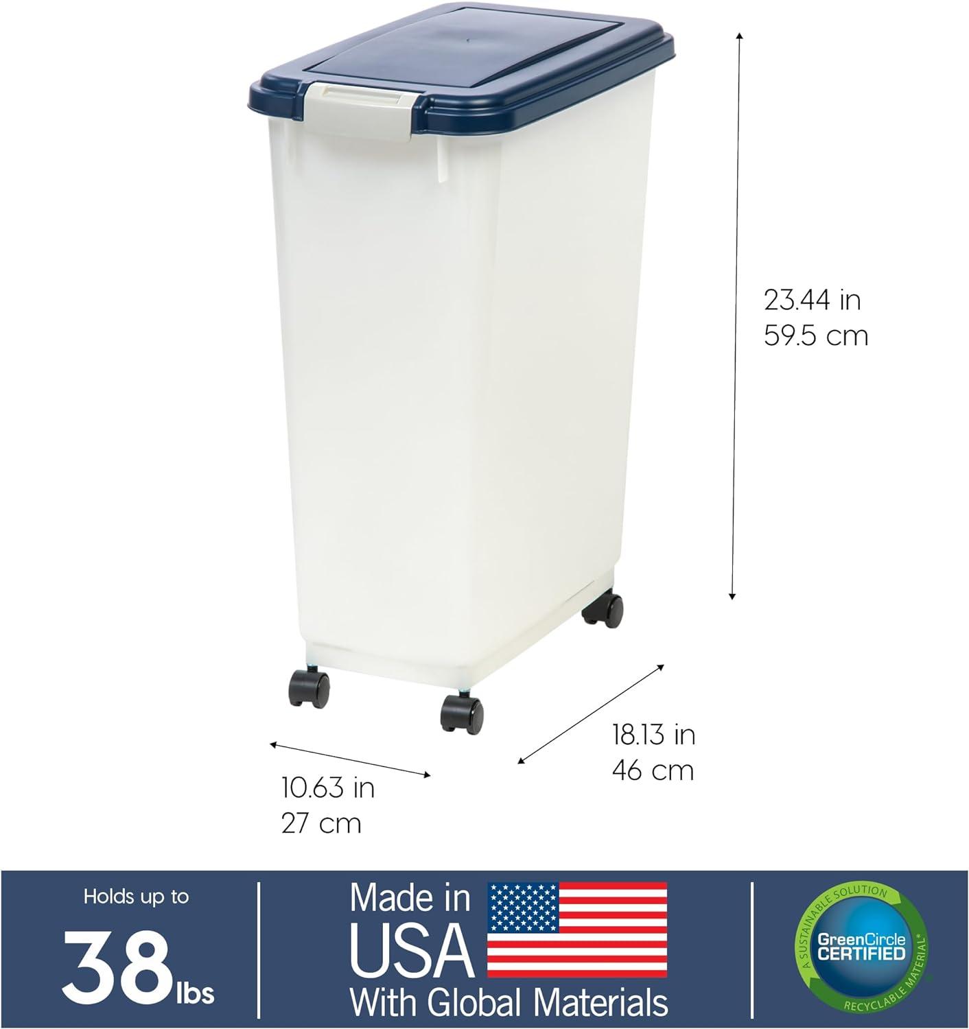 Navy and Pearl 47 Qt Airtight Plastic Pet Food Container with Casters