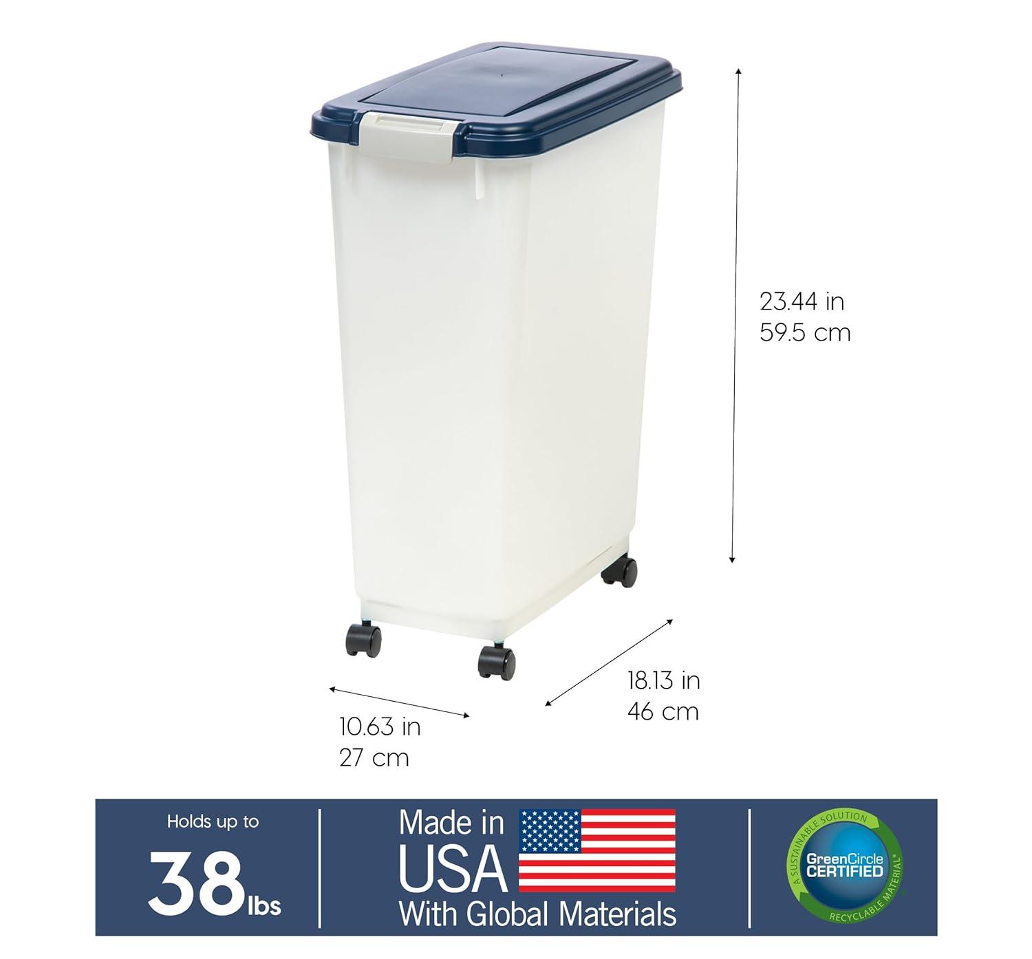 IRIS USA 37.5 Lbs / 47 Qt WeatherPro Airtight Pet Food Storage Container with Attachable Casters, Navy/Pearl