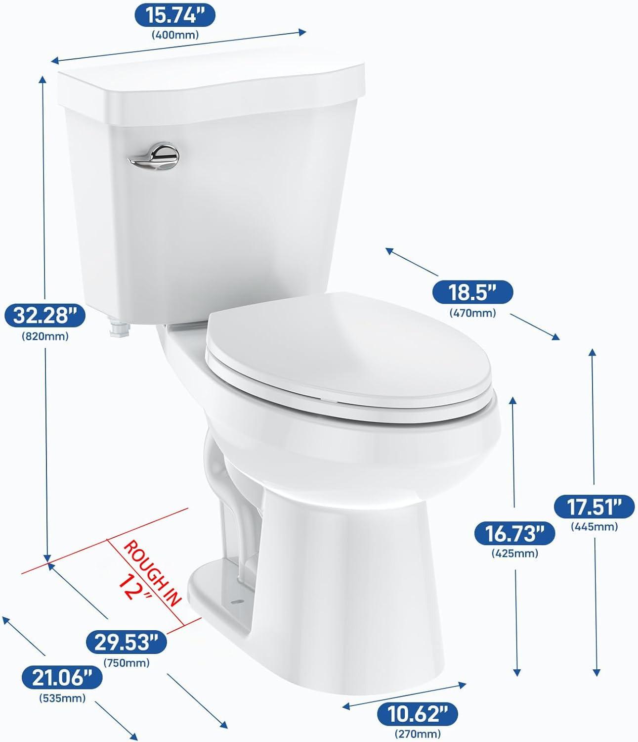 Huloretions Two-Piece Toilets for Bathrooms, Elongated Toilets with Soft Close Seat, Power Flush 1.28 GPF Toilet with Universal ADA Height