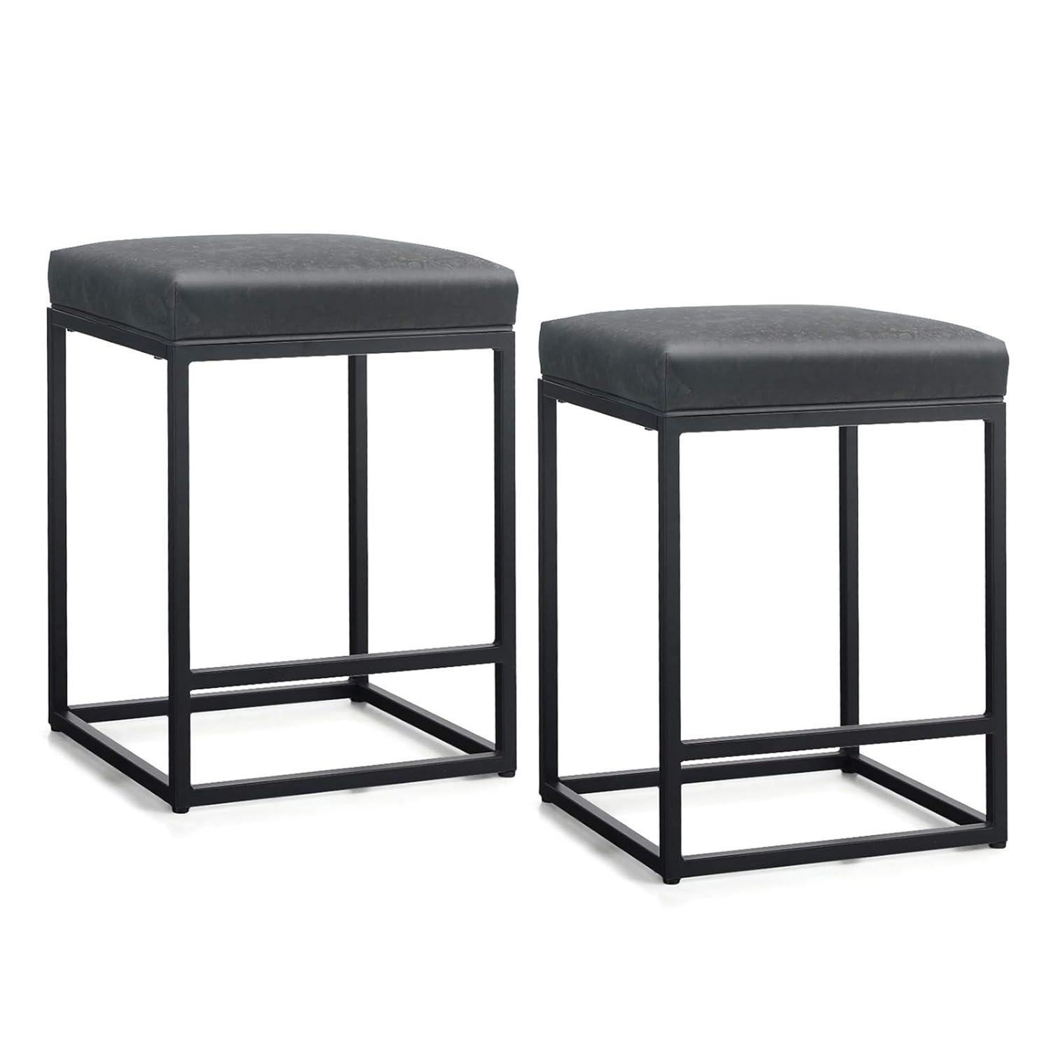 Lorelia Set of 2 Black 24 Inch Backless Counter Bar Stools Faux Leather Seat for Kitchen