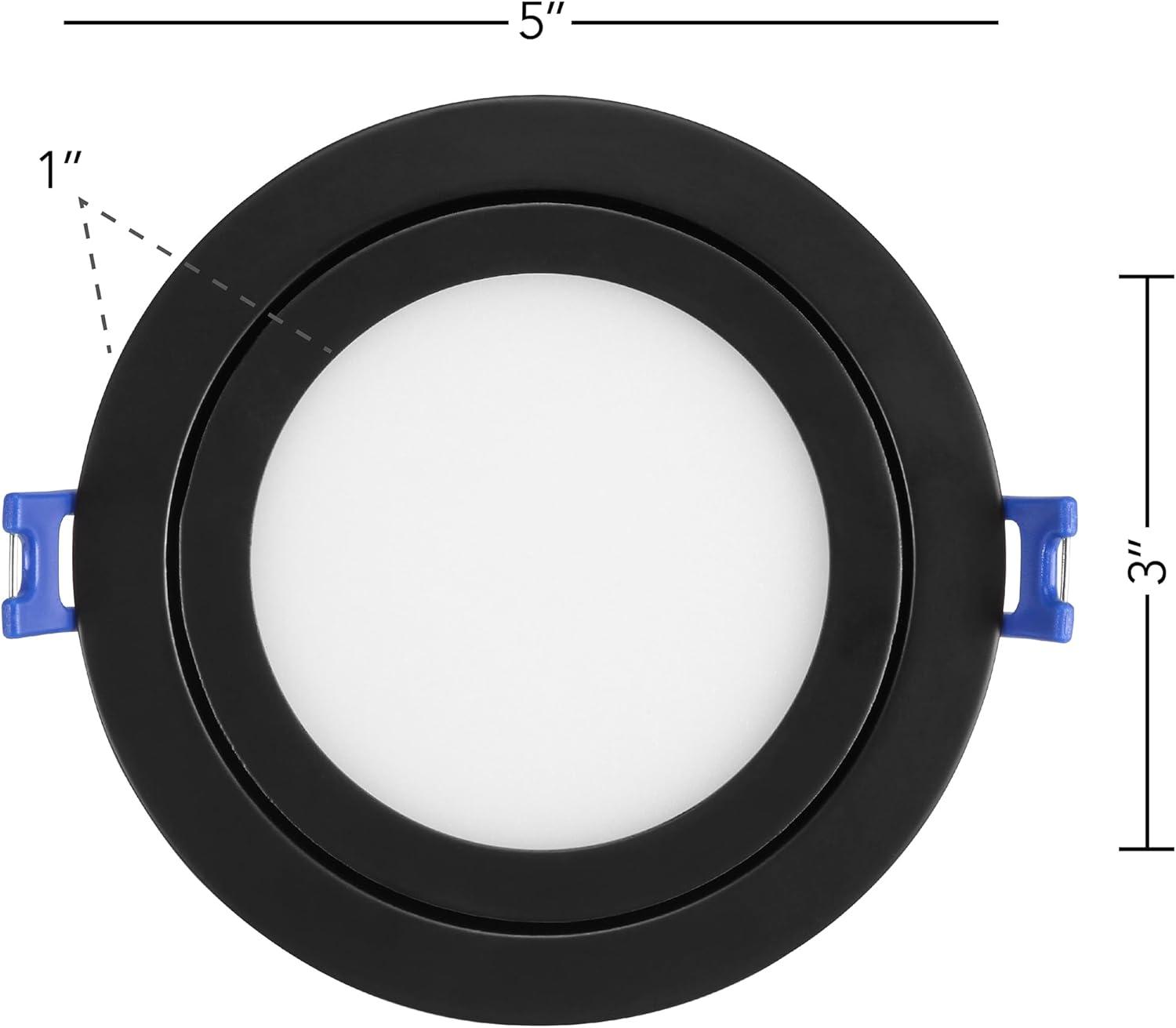 Maxxima 4 in. 5 CCT Ultra-Thin Recessed LED Gimbal Downlight 700 Lumens, Color Selectable 2700K-5000K (2700K/3000K/3500K/4000K/5000K), Dimmable, Canless, Slim IC Rated, Black Trim, J-Box Included