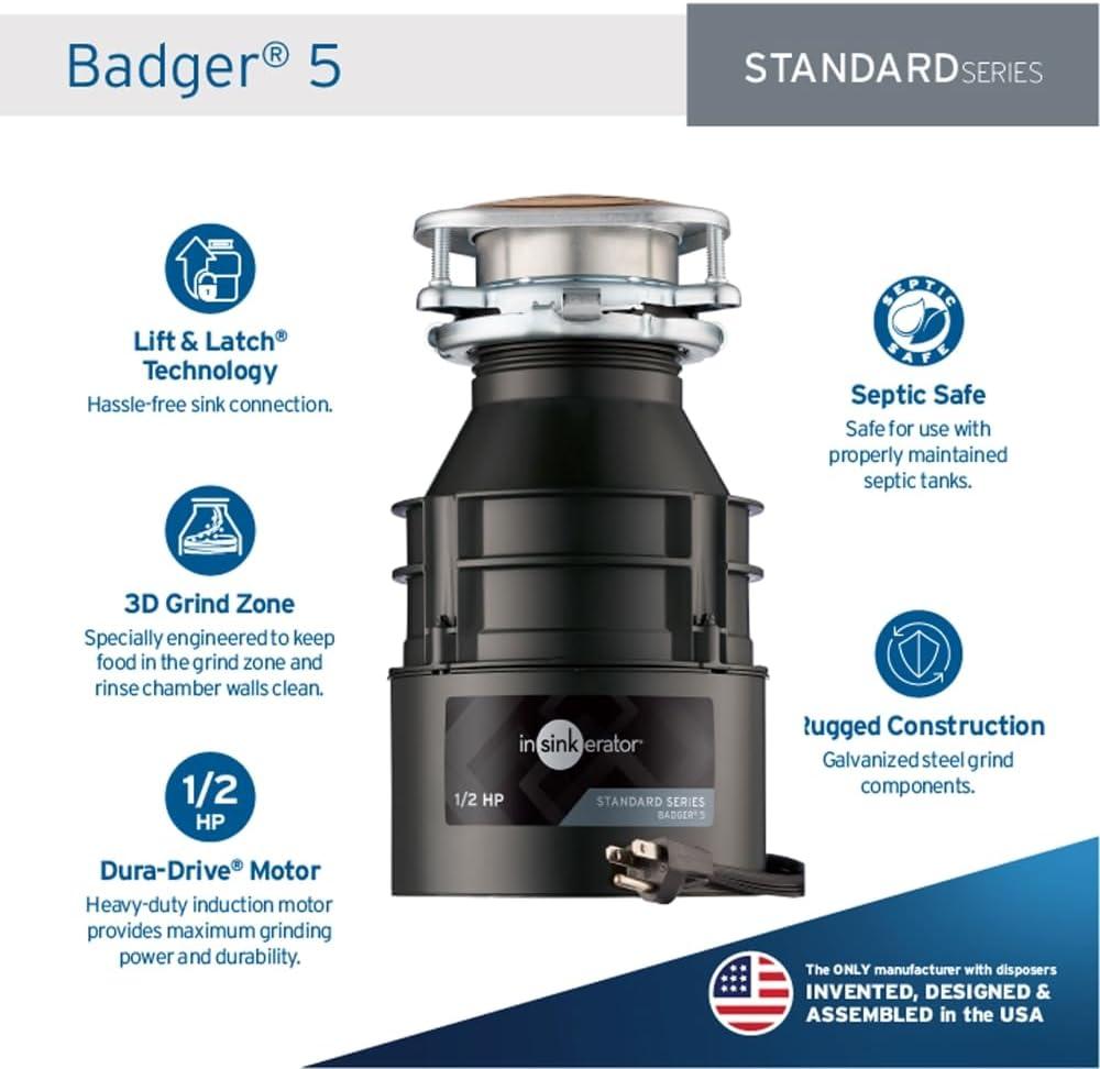 InSinkErator Badger 5 1/2 HP Continuous Feed Garbage Disposal with Power Cord