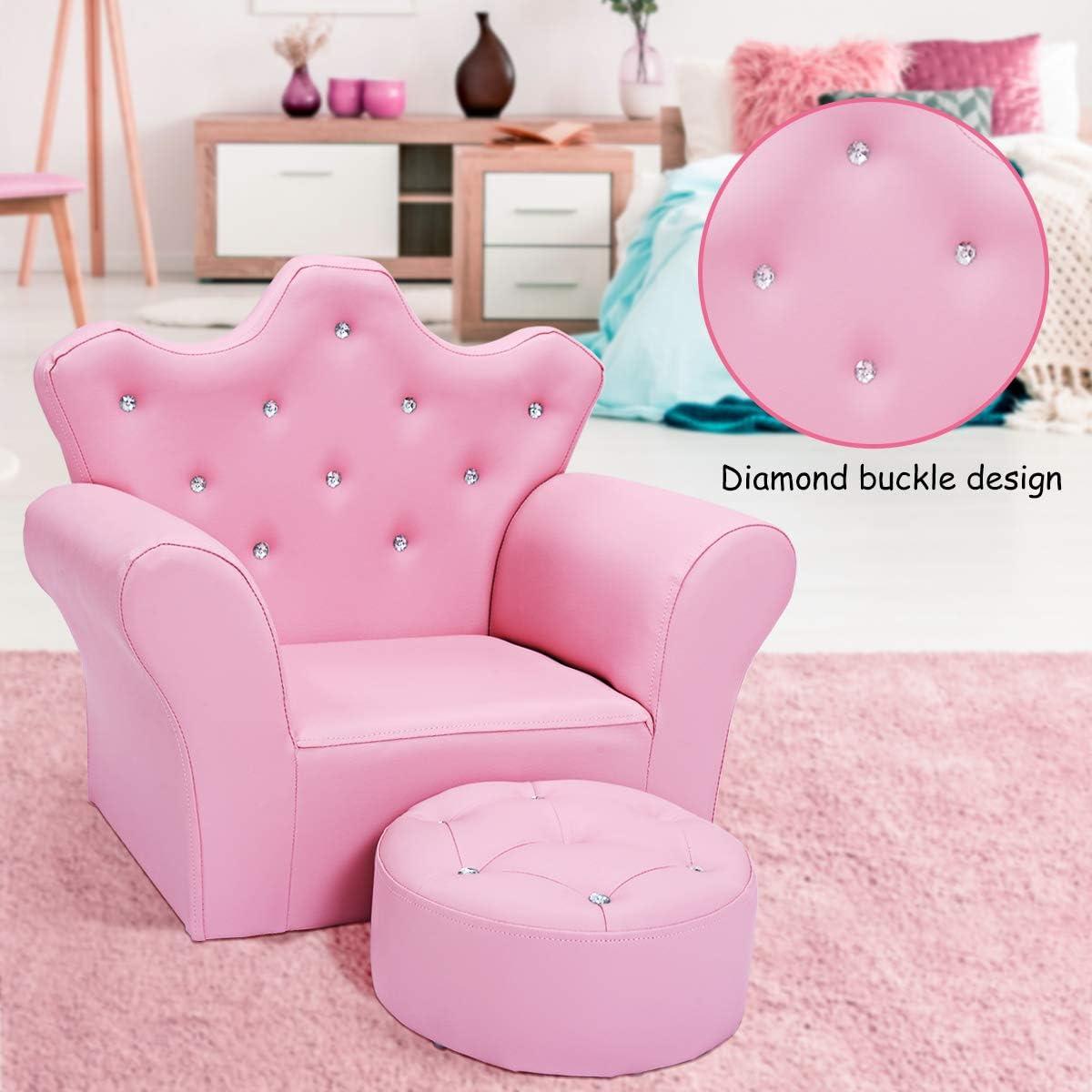 Pink Princess Leather Armchair with Ottoman and Diamond Accents