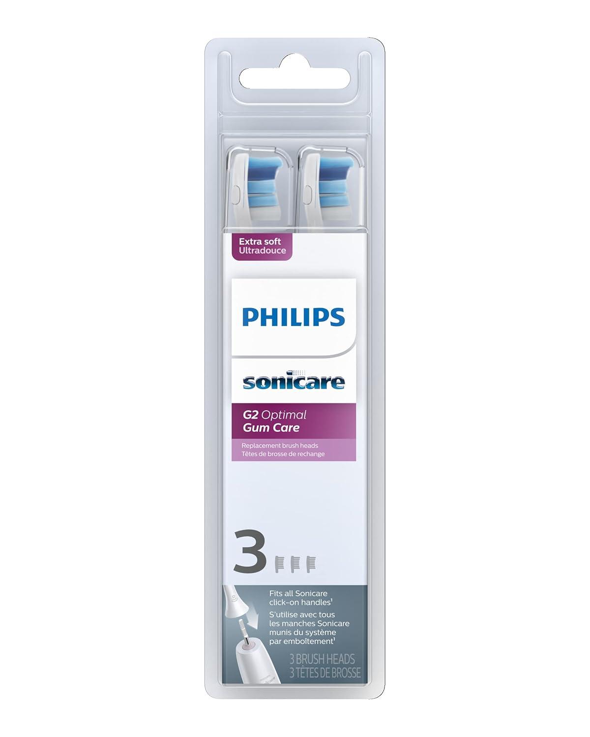 Philips Sonicare G2 Optimal Gum Care Brush Heads, Genuine Replacement Toothbrush Heads, White, 3 Pack, HX9033/65