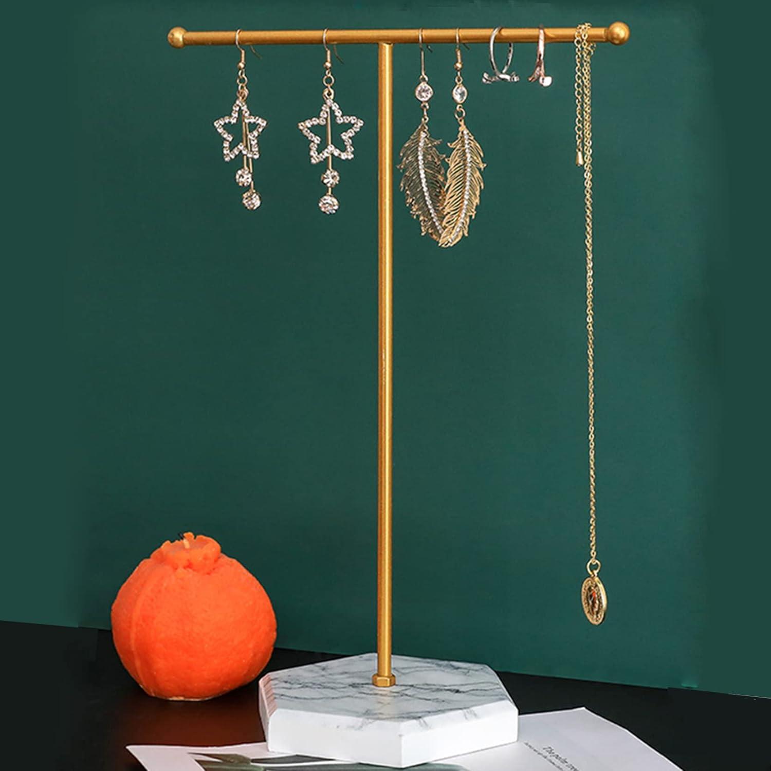 Jewelry Organizer Stand Display Necklace Holder T-Bar Plated Metal Desk Organizer Tower for Show Jewelry Hanging Pendant Earring Bracelet Ring Accessorie with White Marble Plywood Bases, White