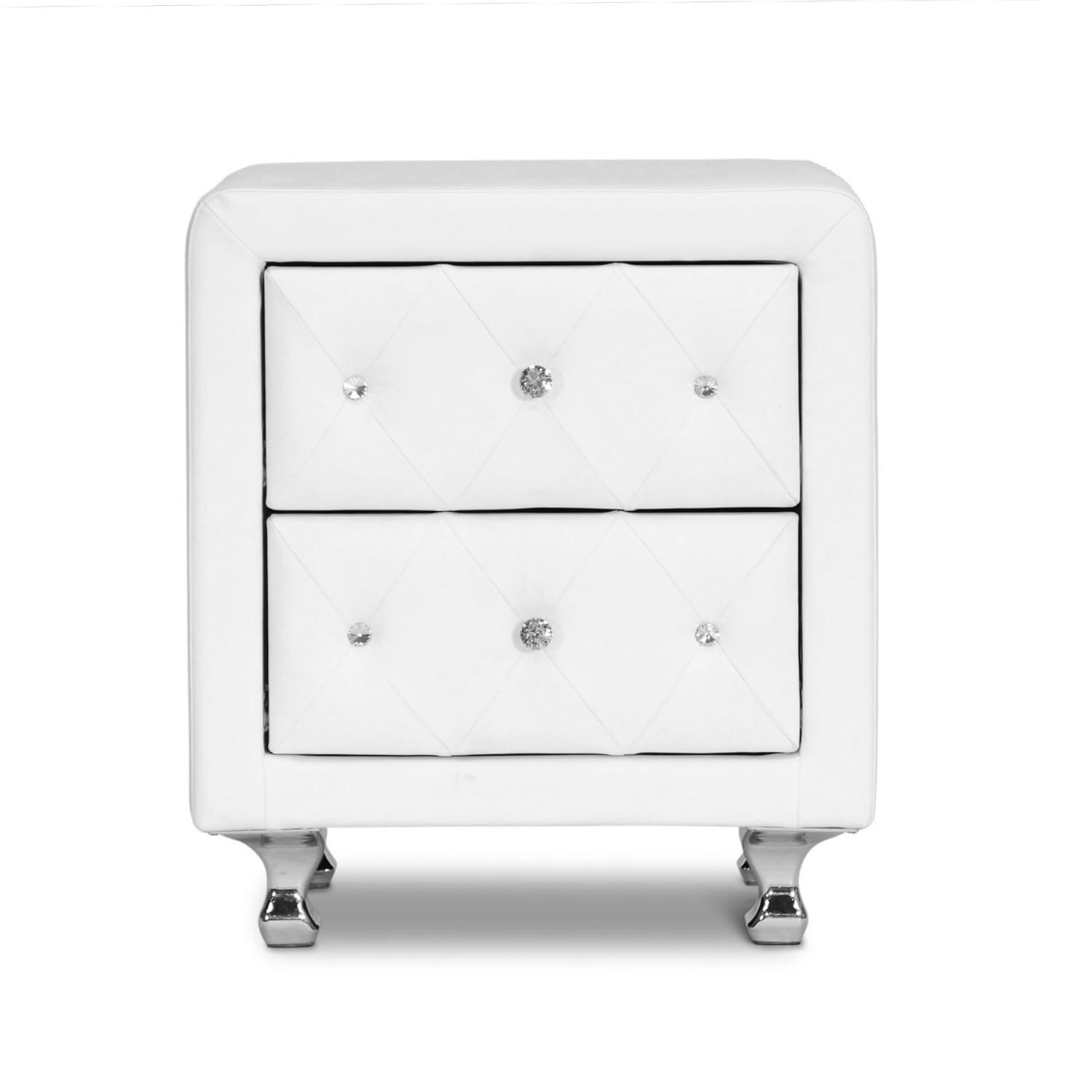 Baxton Studio Stella Crystal Tufted White Upholstered Modern Nightstand
