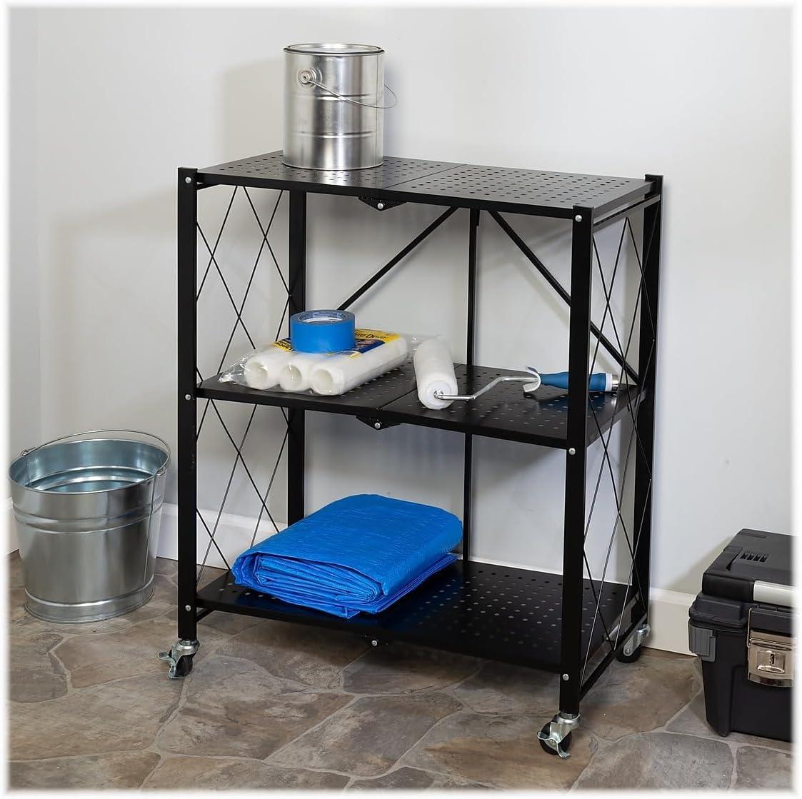 Honey-Can-Do 3 Tier Foldable Shelving Rack Black: Steel Utility Storage, Wire Rack Shelving, 75 lb Capacity