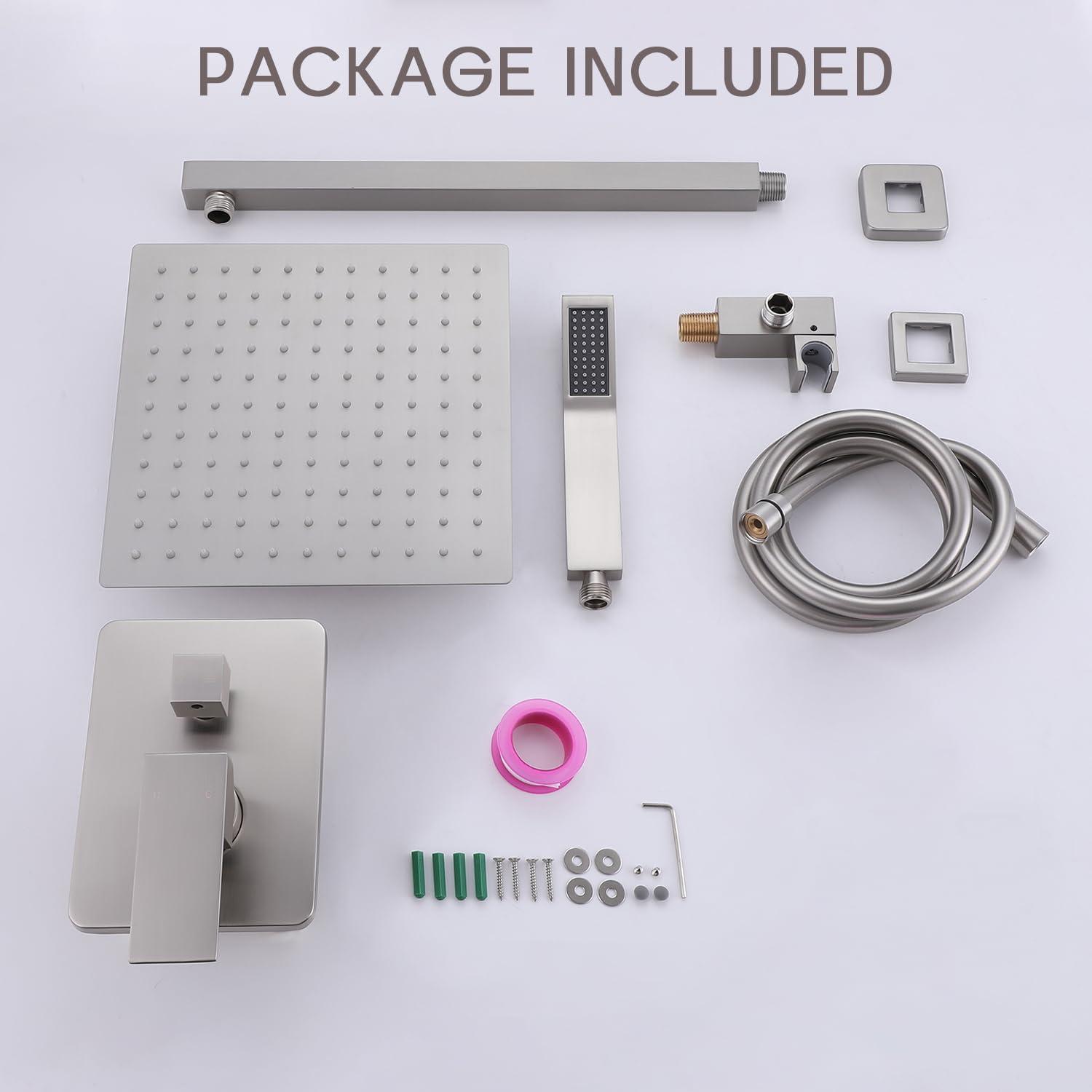 AWZTOO Wall Mounted Shower Faucet With Hand Shower Modern Shower System Set 10 Inch Rainfall Shower Head With Pressure Balance Valve Brushed Nickel