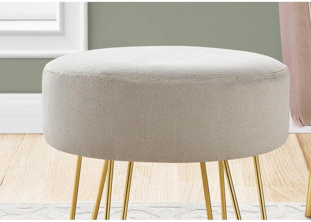 Monarch Specialties Ottoman, Pouf, Footrest, Foot Stool, 14" Round, Beige Fabric, Gold Metal Legs