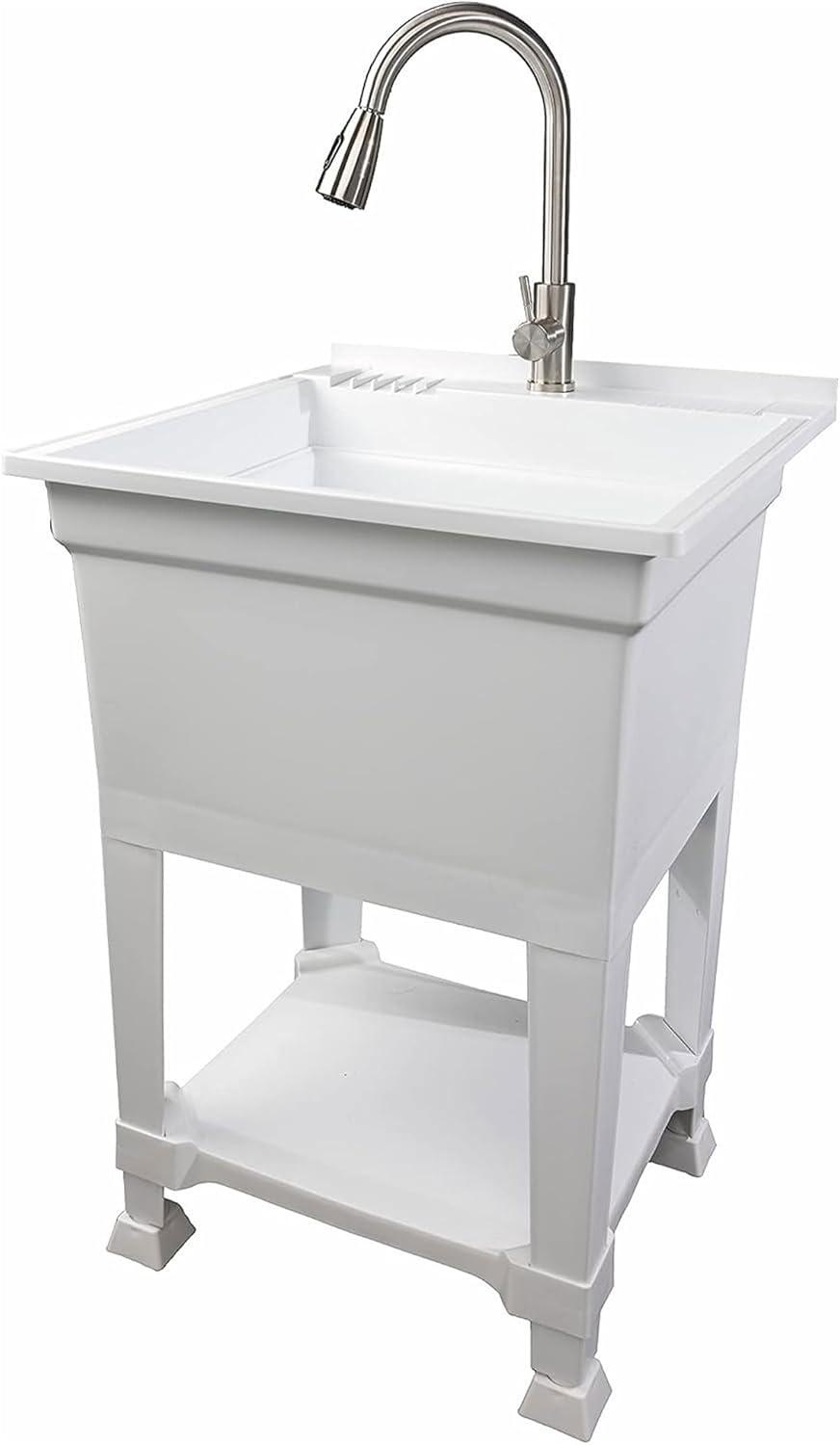 White Plastic 24'' Freestanding Utility Sink with Stainless Faucet