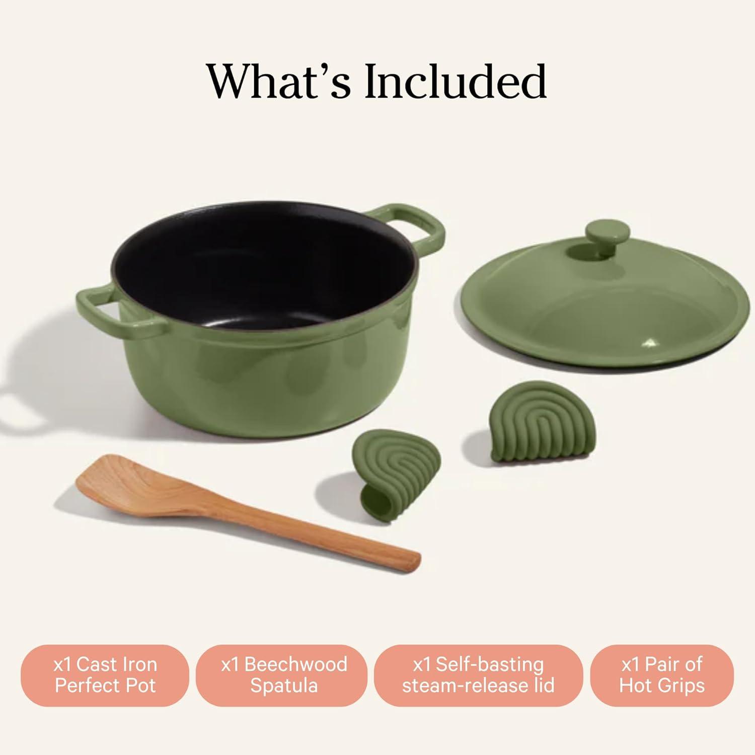 Our Place 5.5qt 10.5" Cast Iron Perfect Pot - Sage: Our Place Cookware, Enamel Finish, Hand Wash, Gas & Electric Compatible