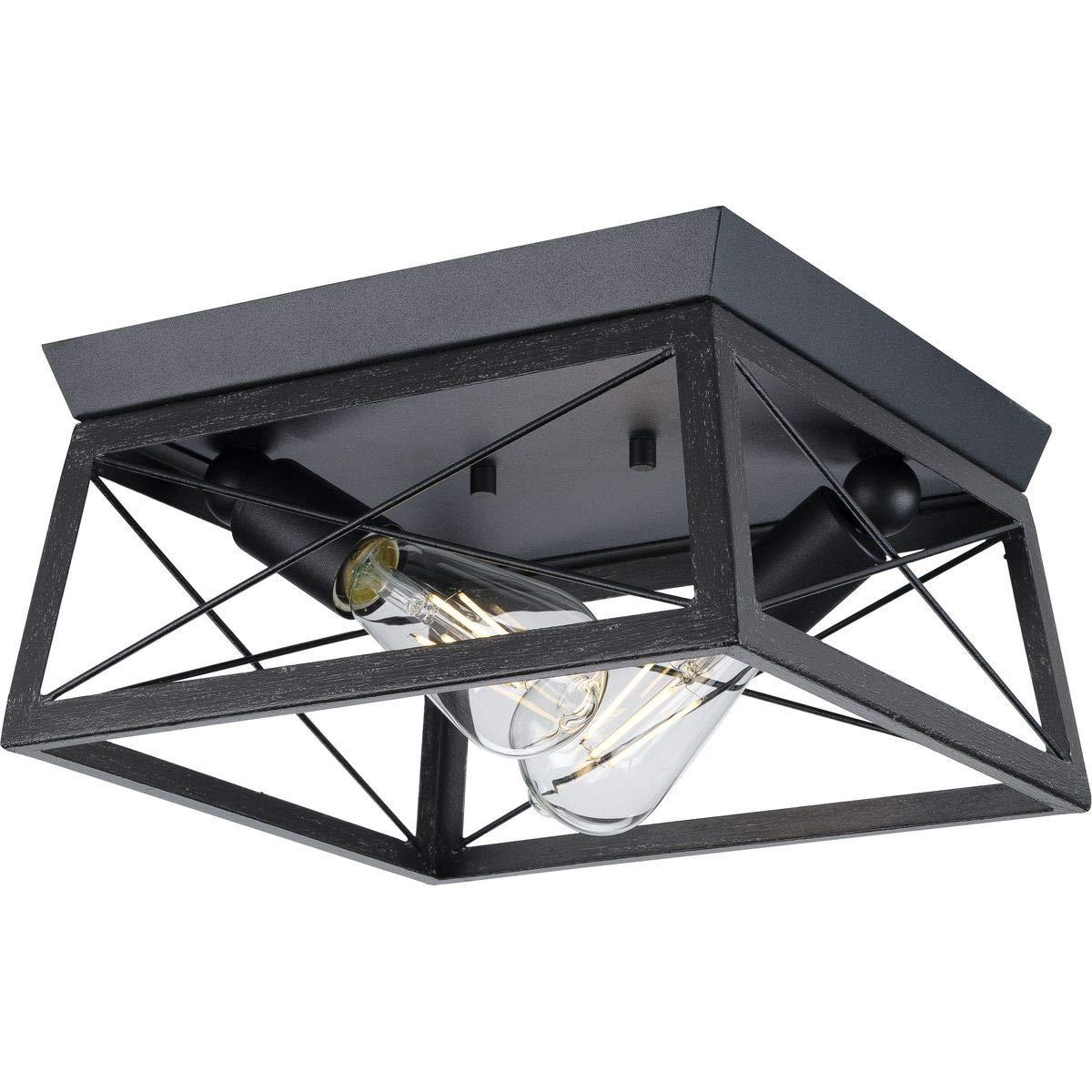 Progress Lighting, Briarwood, 2-Light Flush Mount, Textured Black, Faux-Painted Wood Enclosure