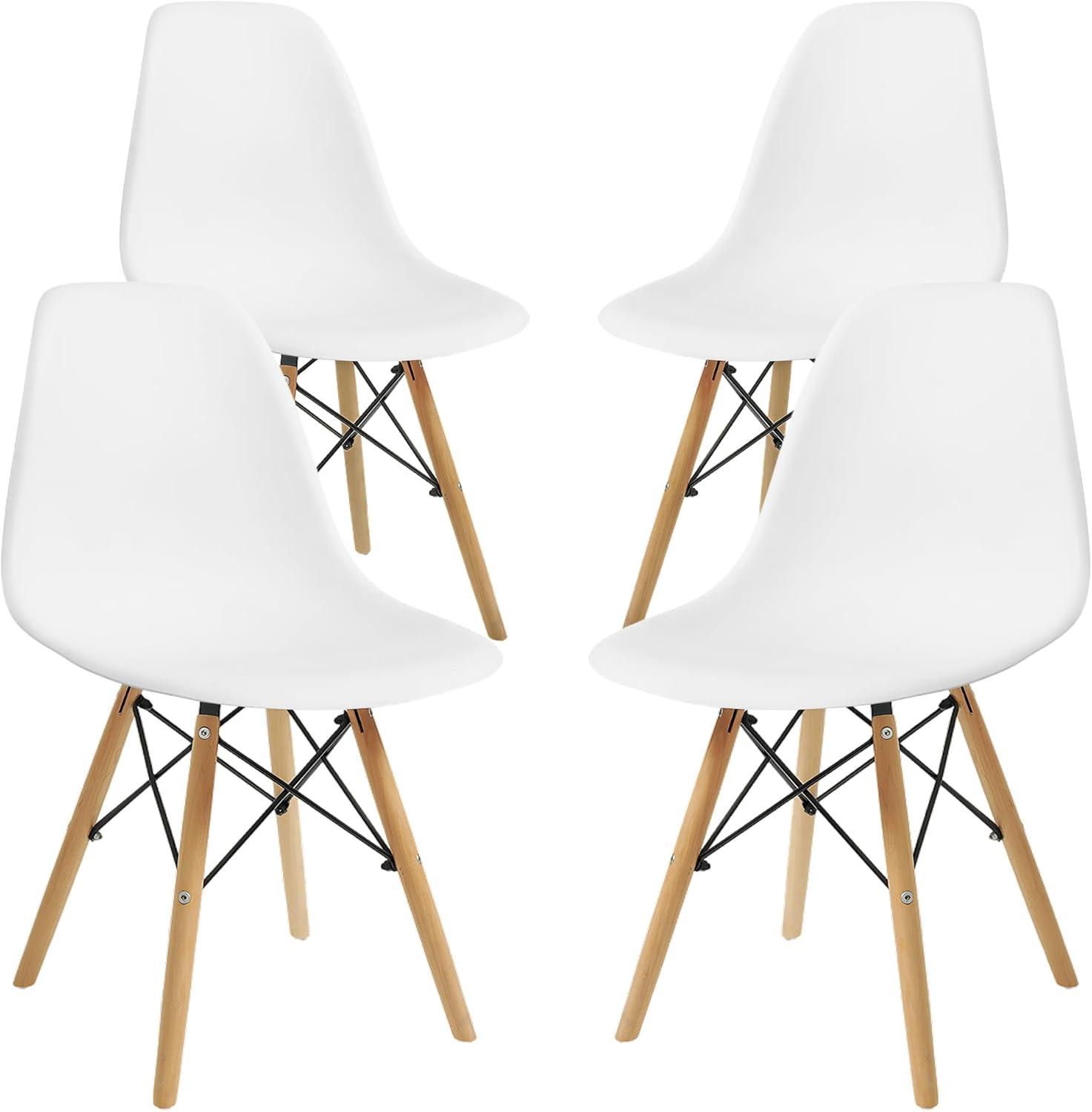 CangLong Modern Style Dining Chairs, Mid Century Plastic Dining Chair with Wood Legs, for Kitchen, Dining, Bedroom, Living Room, Set of 4, White