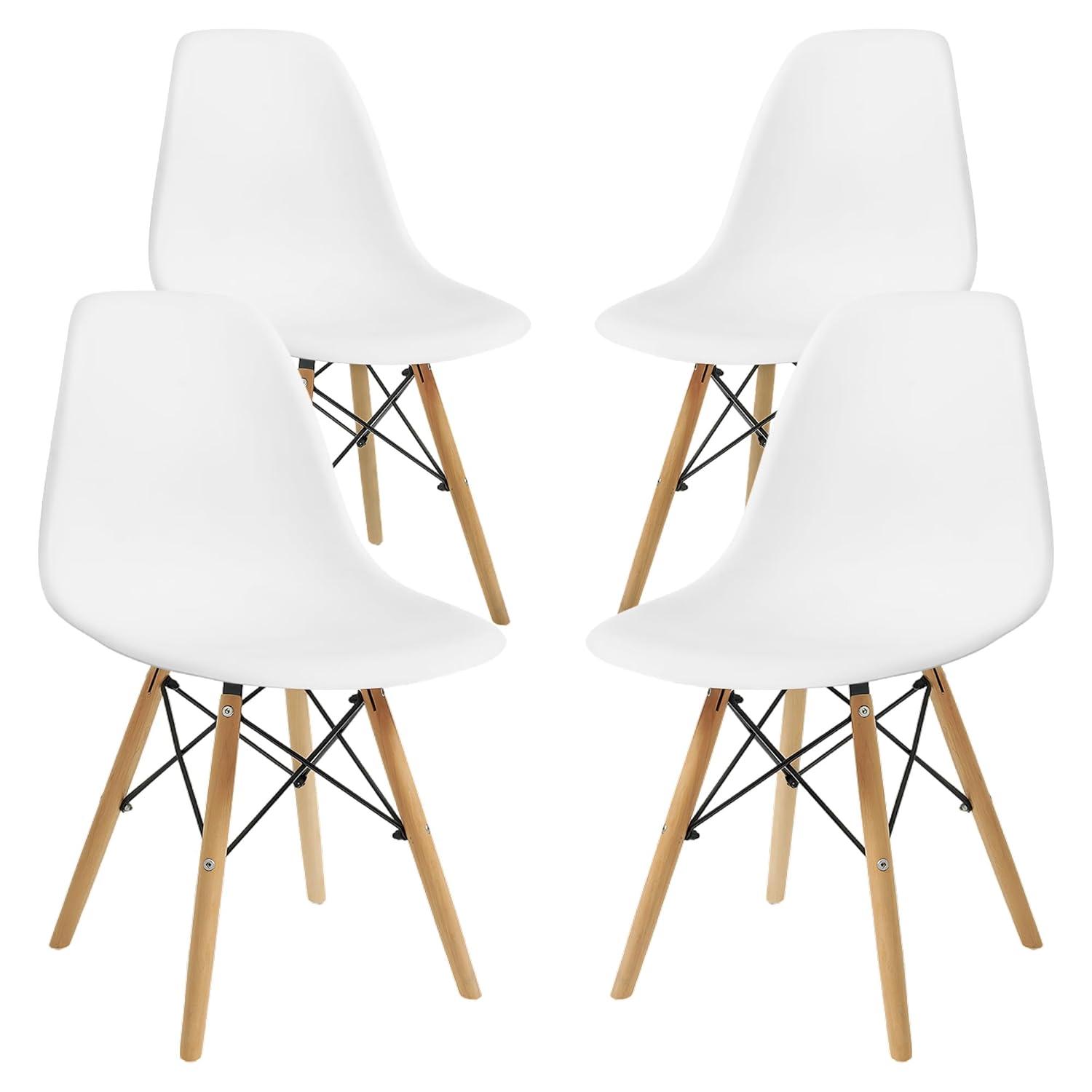 CangLong Modern Style Dining Chairs, Mid Century Plastic Dining Chair with Wood Legs, for Kitchen, Dining, Bedroom, Living Room, Set of 4, White