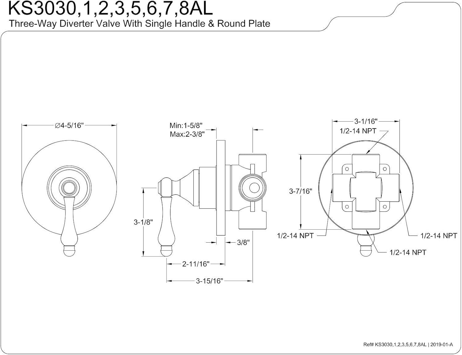 Kingston Brass Single-Handle Wall Mount Three-Way Diverter Valve with Trim Kit