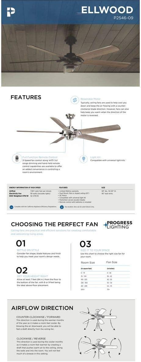 P2546-09-Progress Lighting-Ellwood - Wide - Ceiling Fan - Handheld Remote in Transitional and Coastal style - 68 Inches wide by 15.75 Inches