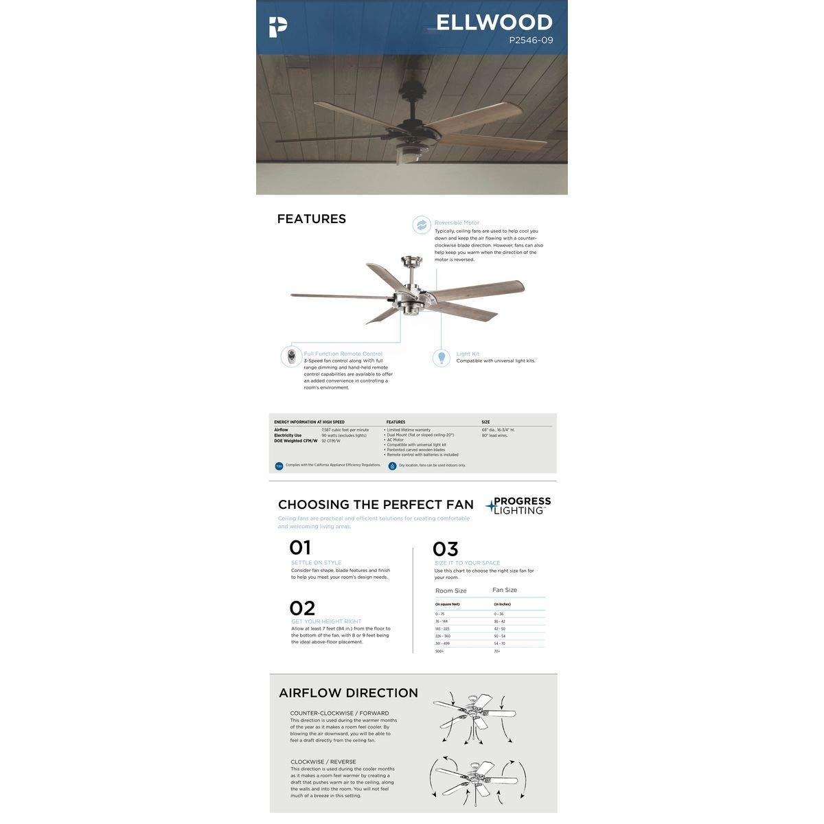 P2546-09-Progress Lighting-Ellwood - Wide - Ceiling Fan - Handheld Remote in Transitional and Coastal style - 68 Inches wide by 15.75 Inches