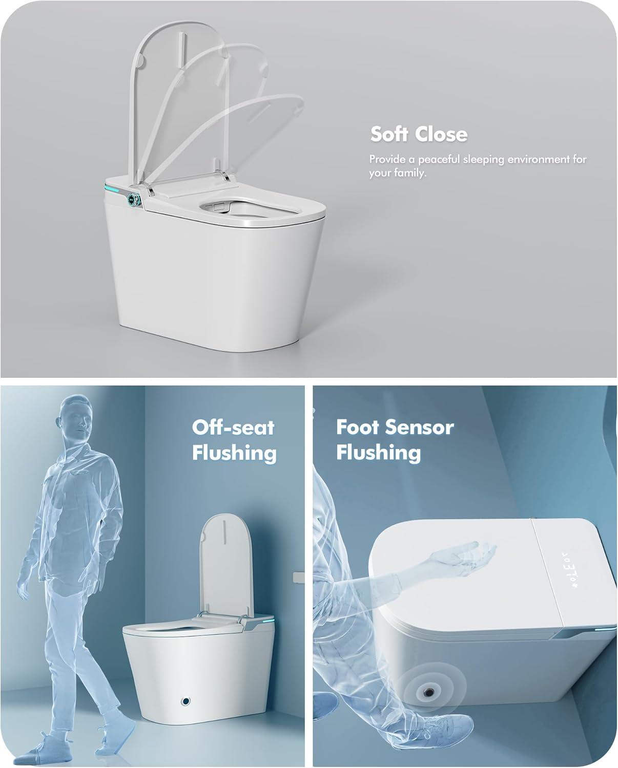 Smart Toilet with Built-in Bidet, Heated Seat, Auto Flush, Auto Open & Close Lid, Warm Water, Dryer, Foot Sensor, Nightlight, Wireless Remote Control