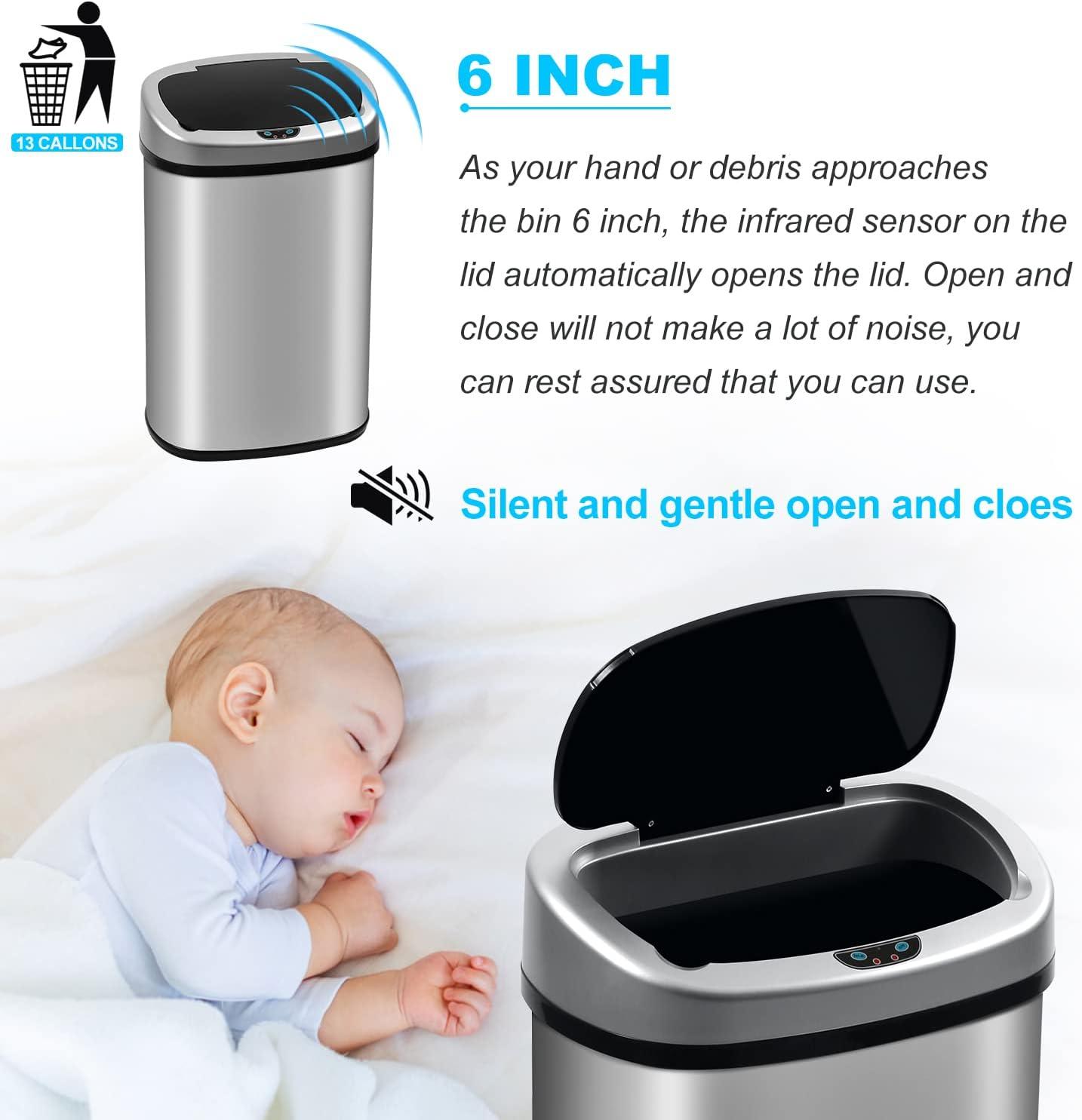 FDW Kitchen Trash Can with Lid, 13 Gallon Automatic Garbage Can for Bathroom Bedroom Home Office 50 Liter Touch Free Stainless Steel Waste Bin,Black