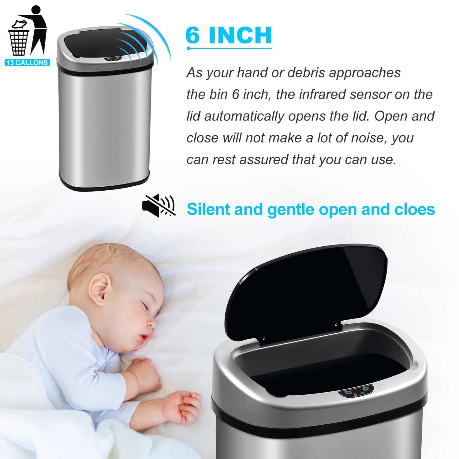 FDW Kitchen Trash Can with Lid, 13 Gallon Automatic Garbage Can for Bathroom Bedroom Home Office 50 Liter Touch Free Stainless Steel Waste Bin,Black