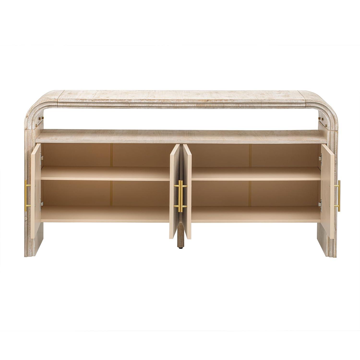 Unique Retro Curved Sideboard with 4 Doors and Treated Fir Veneer, Wood Accent Entryway Console Table Storage Cabinet for Hallway Living Room Foyer Corridor (Natural-12.31)
