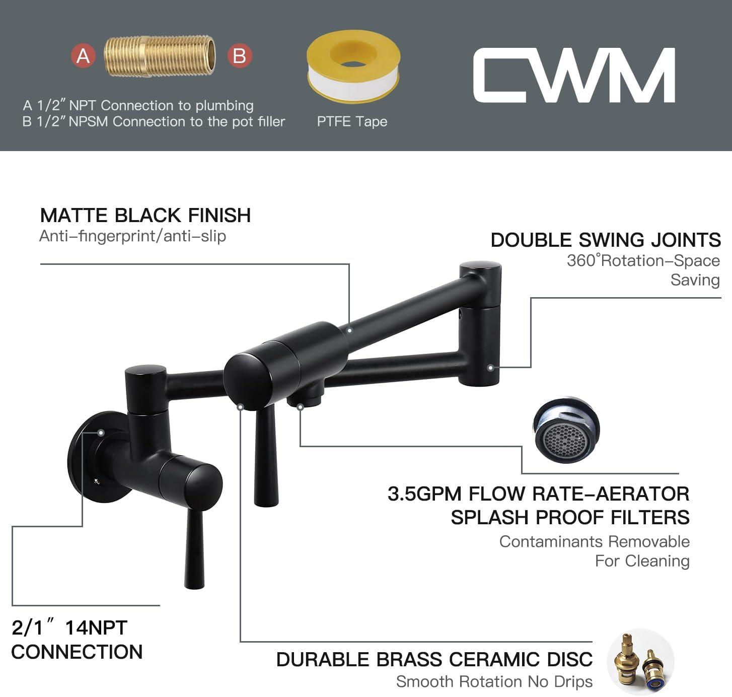 IMLEZON Pot Filler Faucet Stainless Steel Commercial Wall Mount Kitchen Sink Faucet Folding Stretchable with Single Hole Two Handles Black