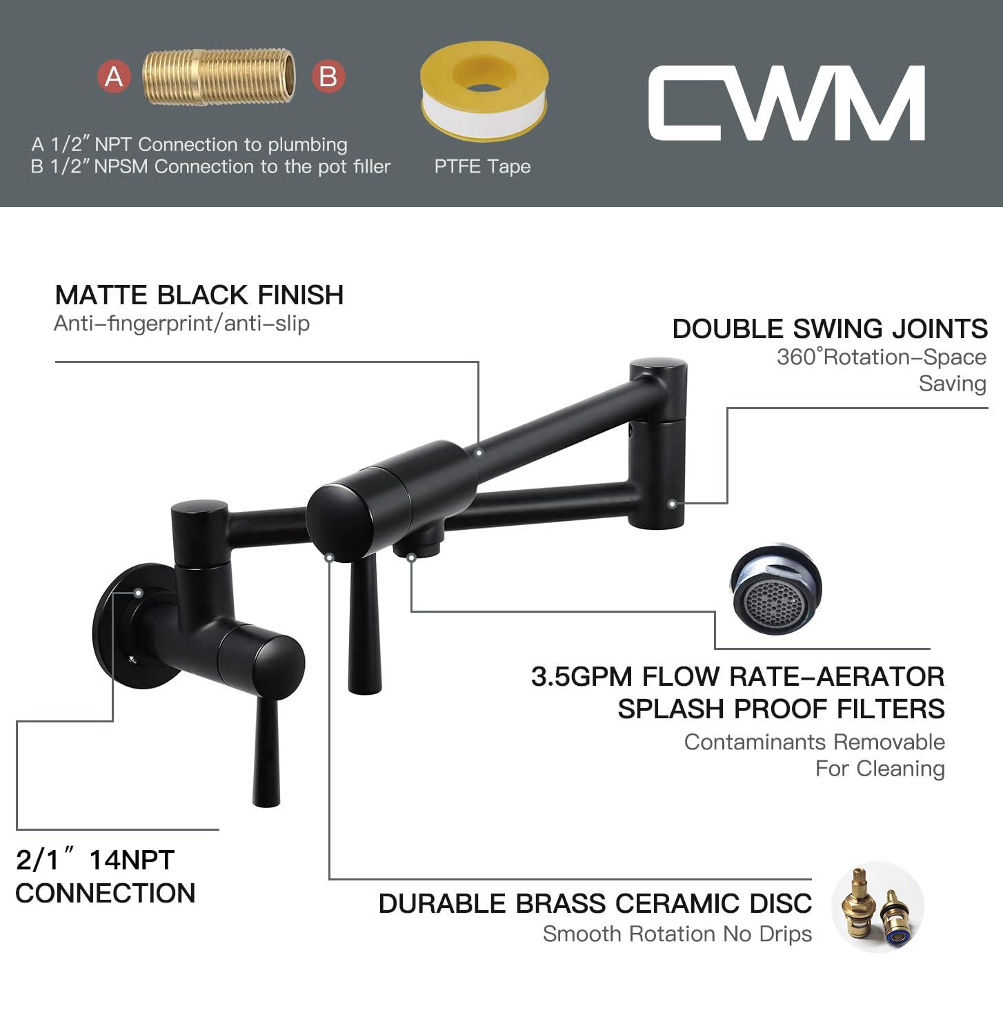 IMLEZON Pot Filler Faucet Stainless Steel Commercial Wall Mount Kitchen Sink Faucet Folding Stretchable with Single Hole Two Handles Black