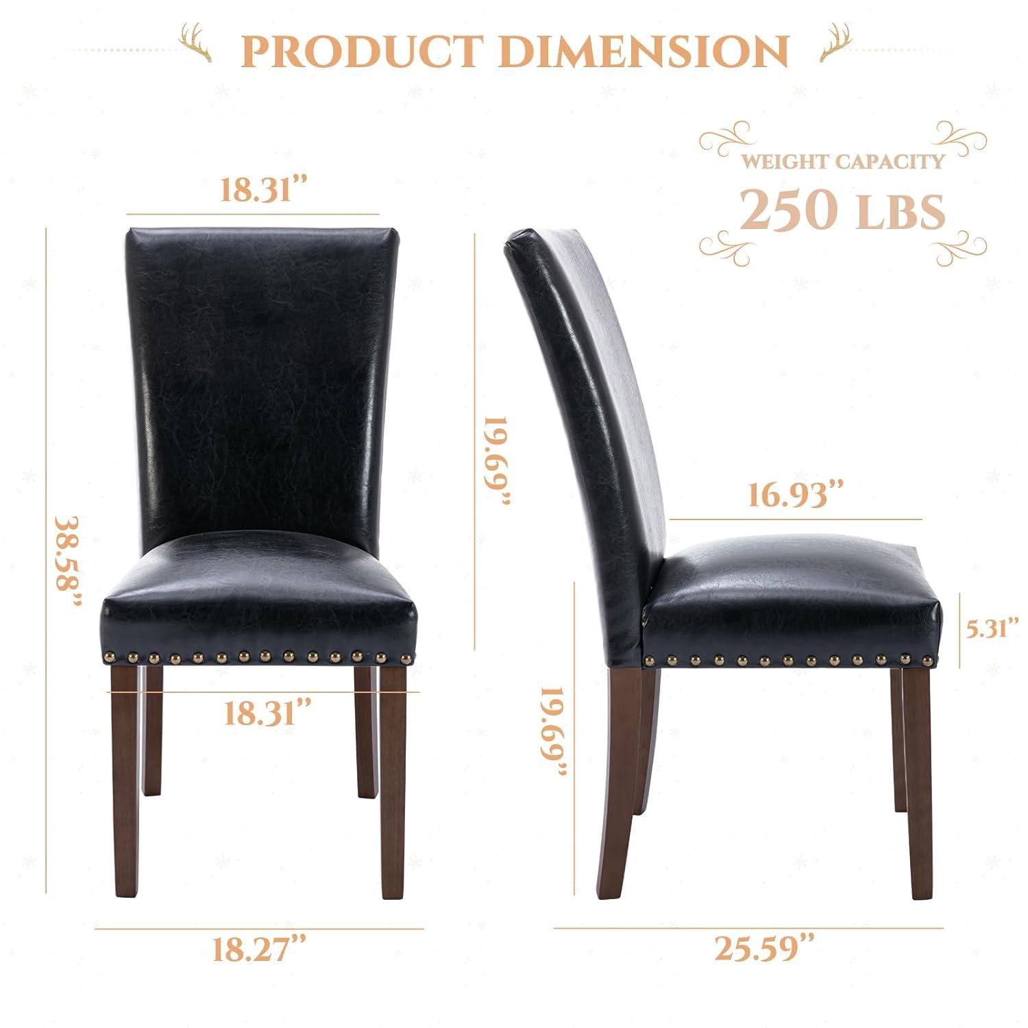 Colamy Black Upholstered Wood Legs Parsons Leather Dining Chairs with Nail head Trim Set of 2 for Dining Room