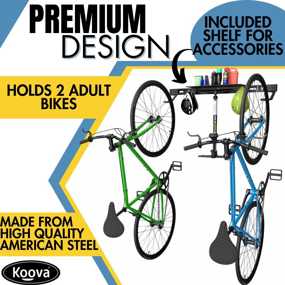 Koova Wall Mount Bike Storage Rack Garage Hanger for 2 Bicycles + Helmets | Fits All Bikes Even Large Cruisers / Big Tire Mountain Bikes | Heavy Duty Powder Coated Steel | Made In USA (2 Bik