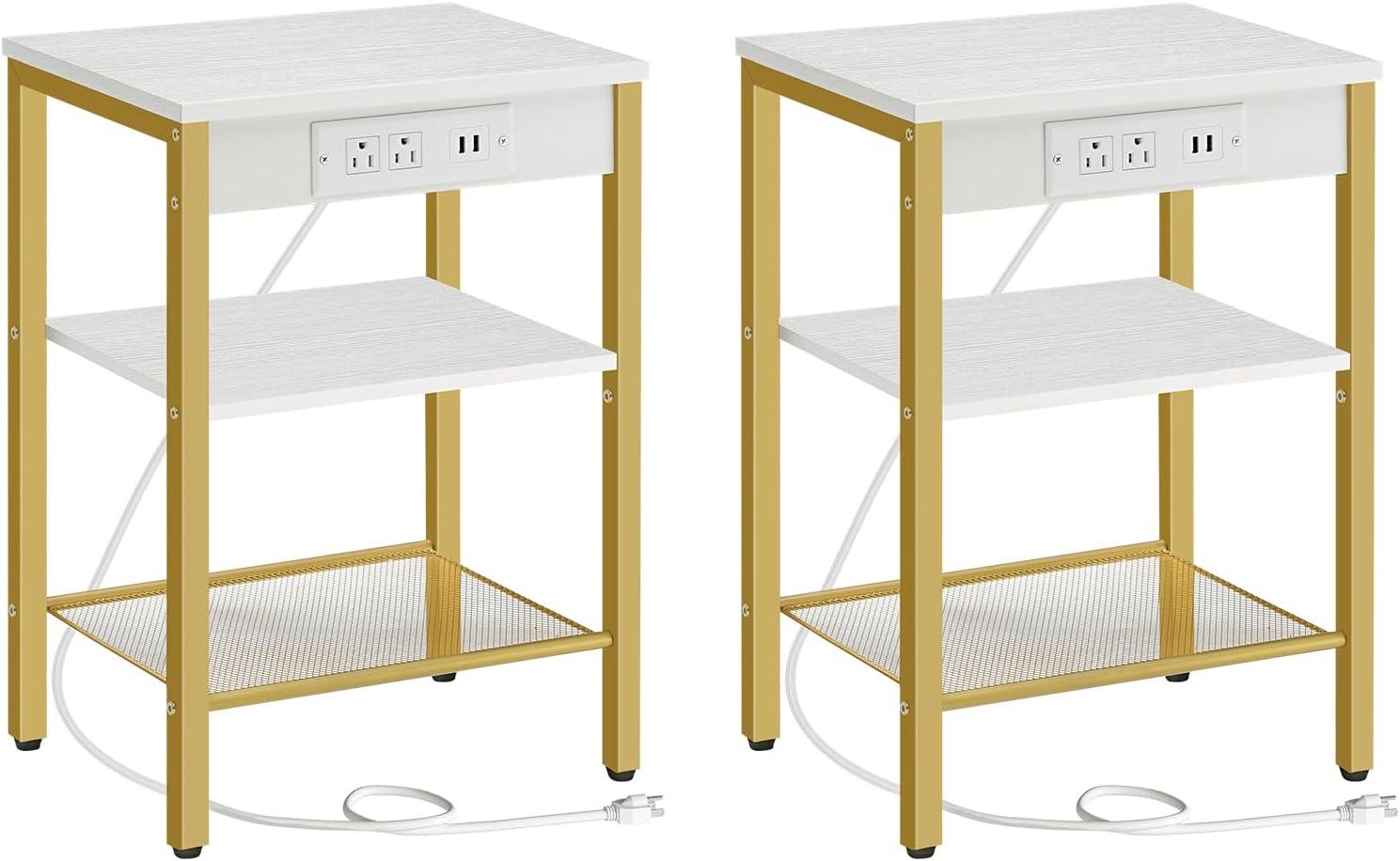 End Tables Set of 2 with Charging Station and USB Ports, 3-Tier Nightstands with Adjustable Shelves, Small Side Tables for Small Space in Living Room, Bedroom, White and Gold DW112BZP201G1
