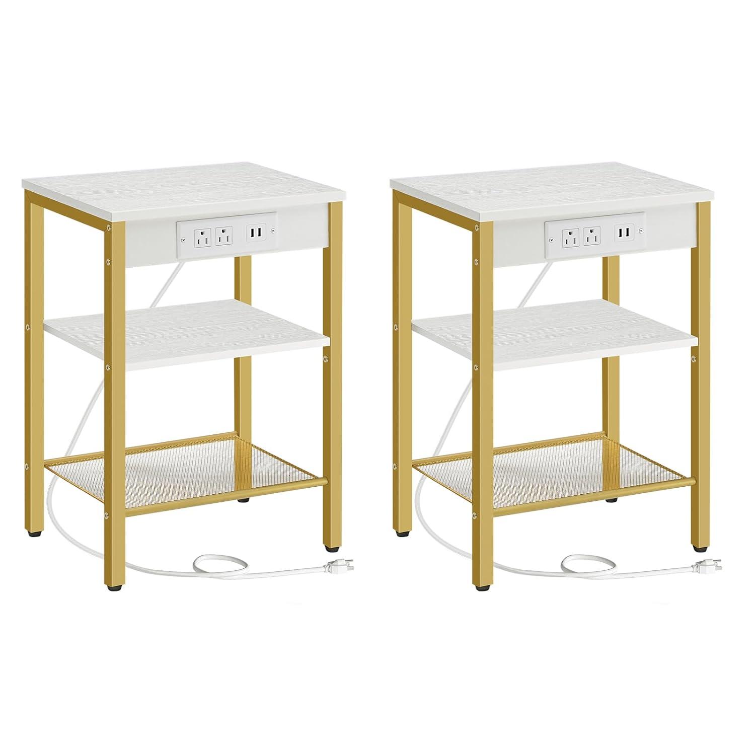 End Tables Set of 2 with Charging Station and USB Ports, 3-Tier Nightstands with Adjustable Shelves, Small Side Tables for Small Space in Living Room, Bedroom, White and Gold DW112BZP201G1
