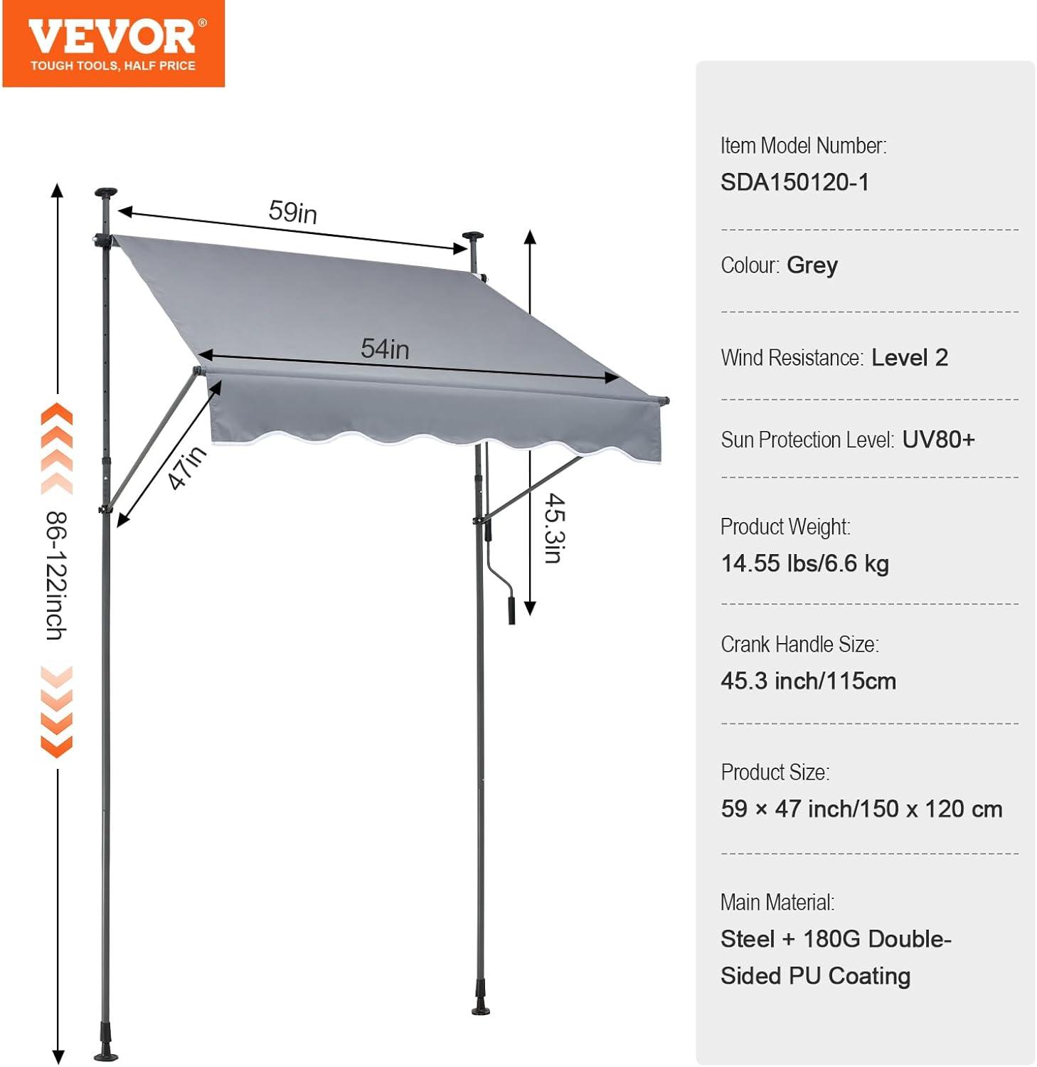 Gray Retractable Patio Awning with Manual Crank, 59" x 47"