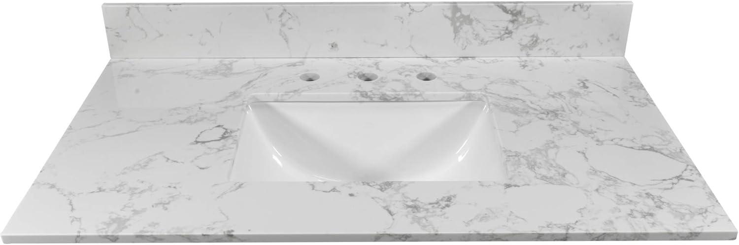 31 Carrara White Stone Bathroom Vanity Top with Rectangle Undermount Ceramic Sink, Backsplash, and 3 Faucet Holes - Modern Style for Bathroom Cabinet