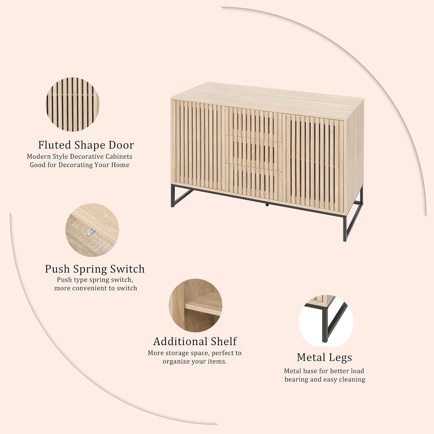 Natural Wood Fluted Sideboard with Metal Base and Drawers