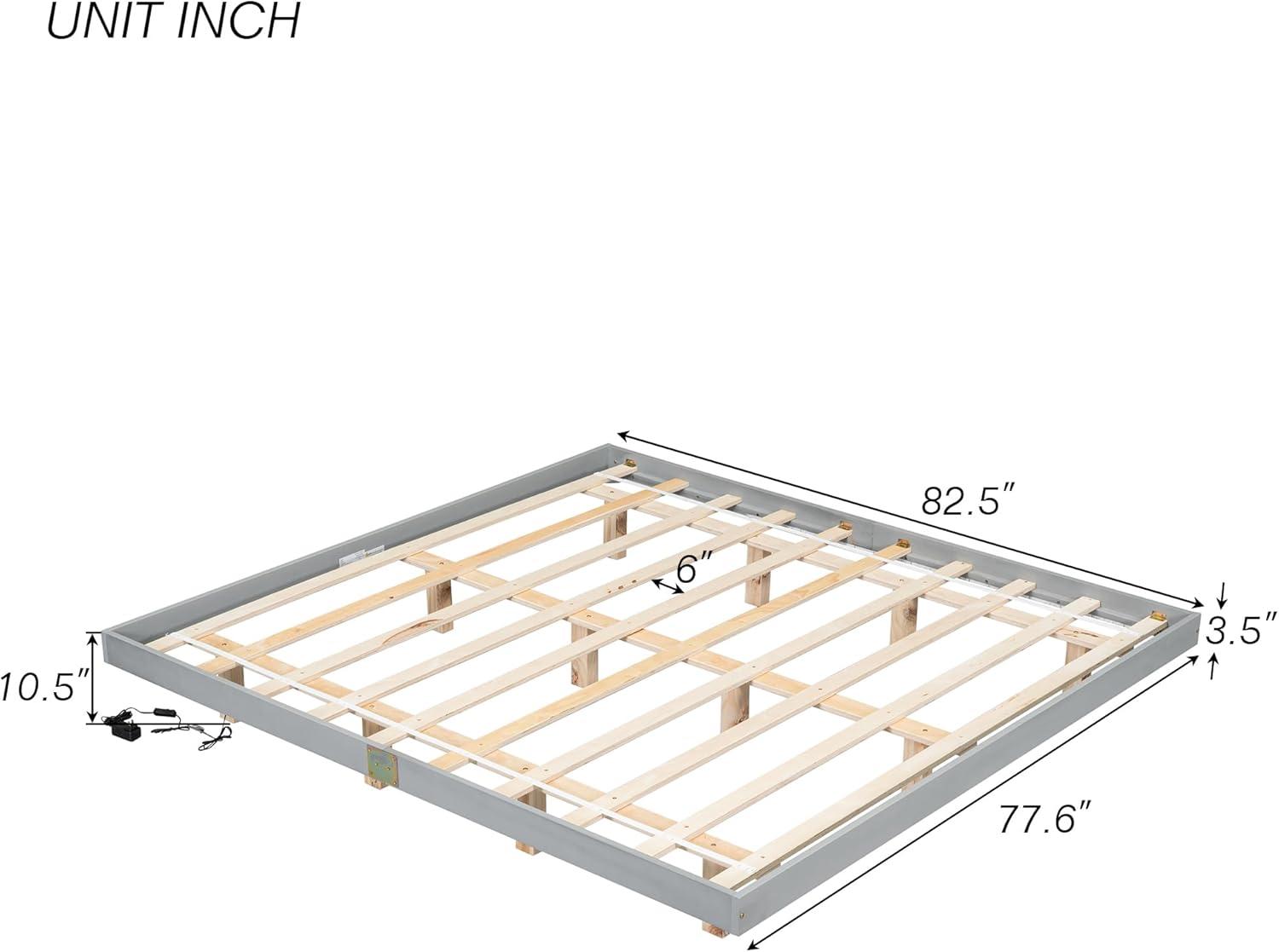 PAPROOS King Size Bed Frame, Wooden Floating Bed with LED Lights Underneath, Low Profile Basic Platform Bed, No Box Spring Needed, Gray