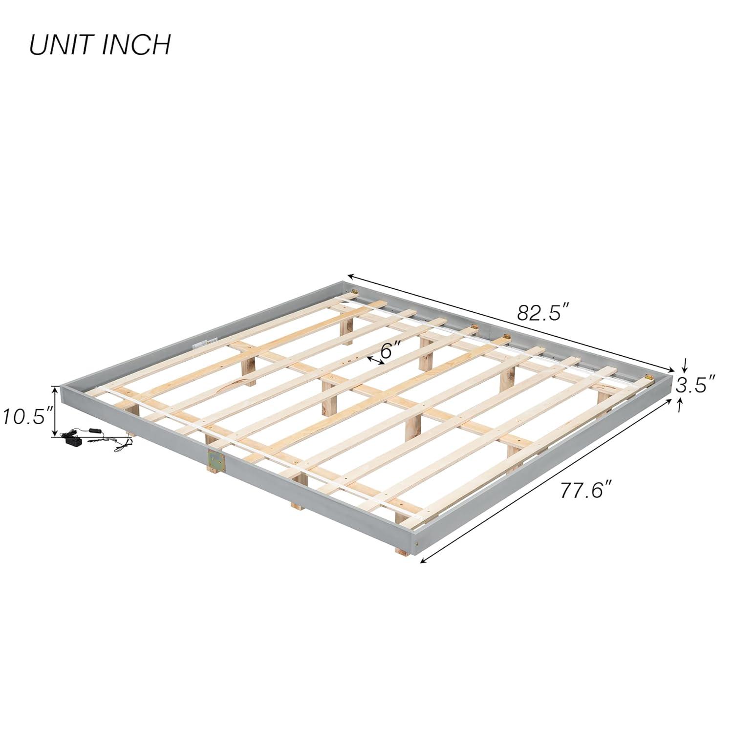 PAPROOS King Size Bed Frame, Wooden Floating Bed with LED Lights Underneath, Low Profile Basic Platform Bed, No Box Spring Needed, Gray