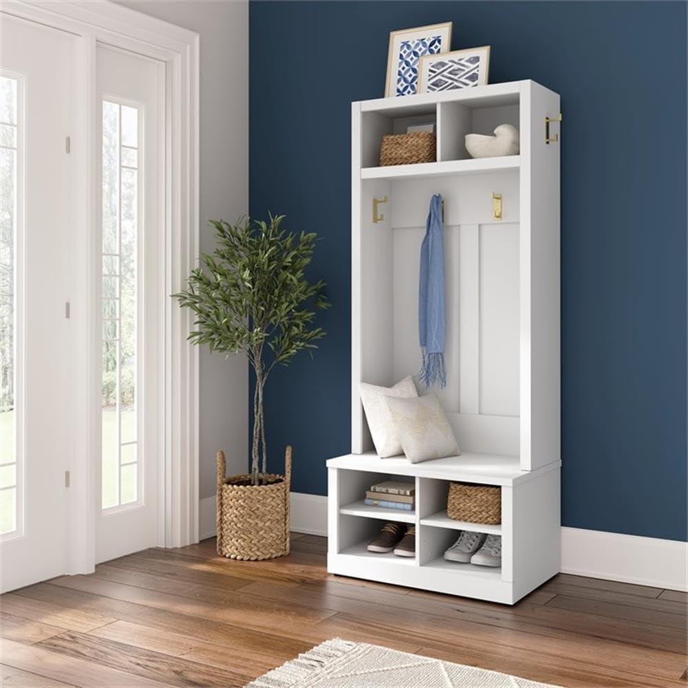 Hampton Heights 30W Hall Tree and Shoe Bench in White - Engineered Wood