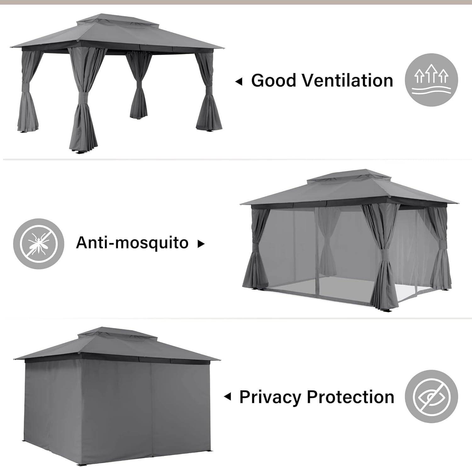 LAUSAINT HOME 10'x13' Patio Gazebo, Double Roof Outdoor Shelter Tent with Mosquito Nettings and Privacy Screens, Gray