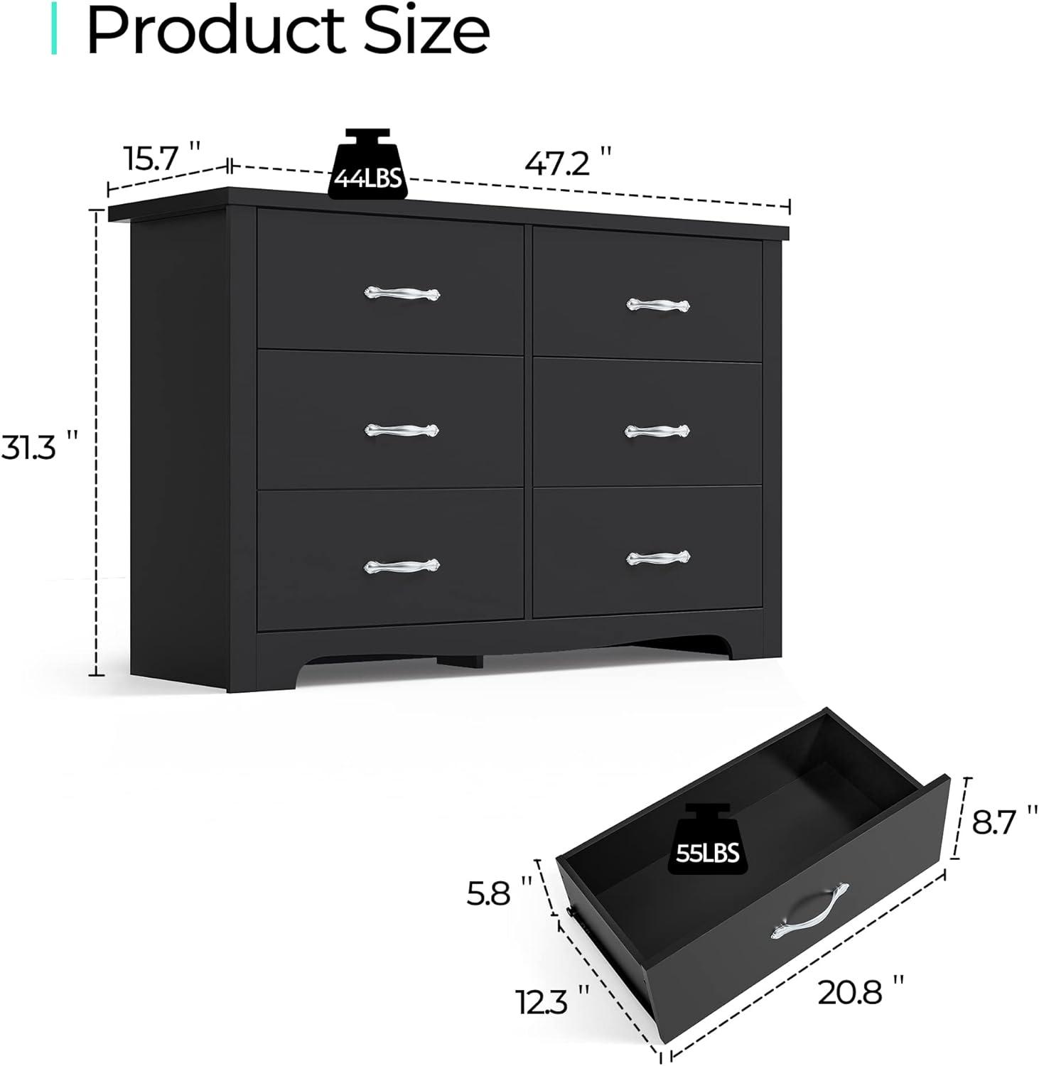 SUGIFT Double Dressers for Bedroom Modern Wood Storage Chest of 6 Drawers, Black