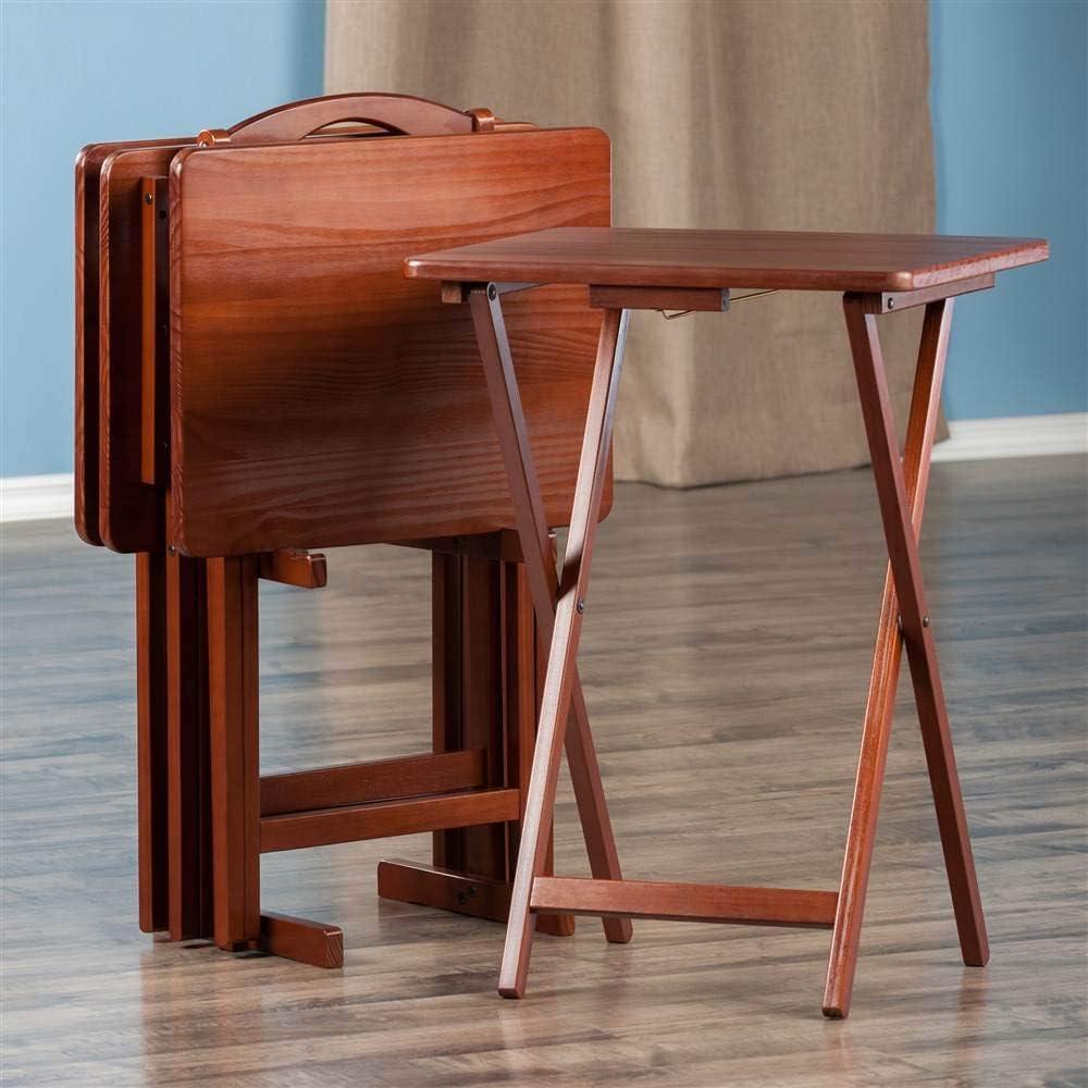 5pc Alex Snack Table Set Walnut Brown - Winsome: Solid Wood, Foldable, Storage Stand Included