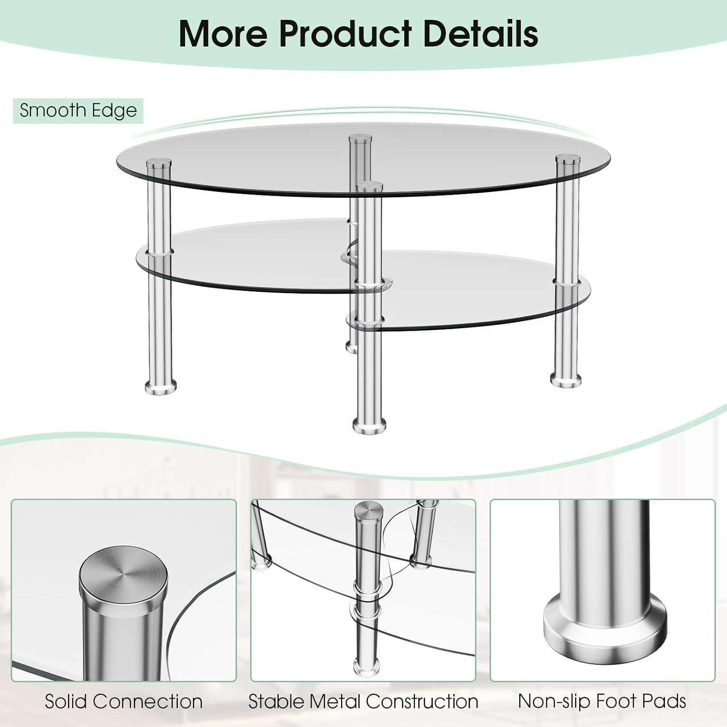 Costway Tempered Glass Oval Side Coffee Table Shelf Chrome Base Living Room Black