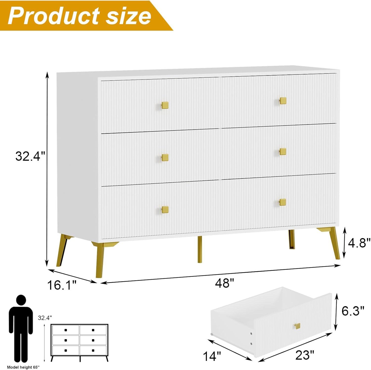 6 Drawer Dresser for Bedroom,Modern Bedroom Dresser,Fluted White and Gold Dresser with Curved Profile Design