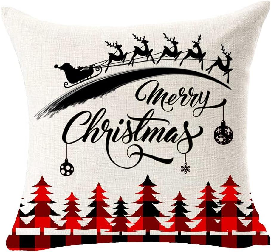 Set of 4 Merry Christmas Believe Reindeer Tree Best Gift Square Pillowcase Decorative Throw Pillow Cover Cushion Case Cotton Linen Material 18" x18'' (Beige&Red)