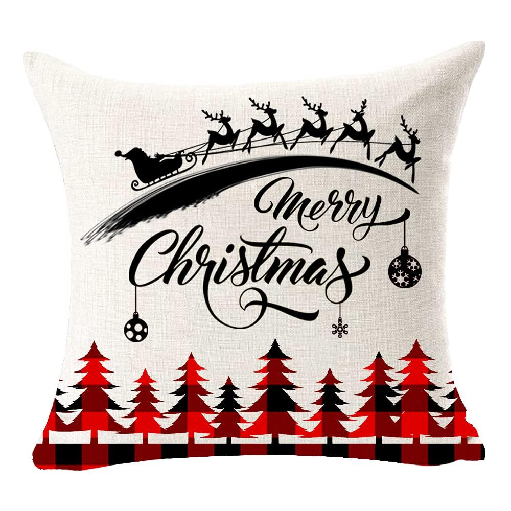 Set of 4 Merry Christmas Believe Reindeer Tree Best Gift Square Pillowcase Decorative Throw Pillow Cover Cushion Case Cotton Linen Material 18" x18'' (Beige&Red)