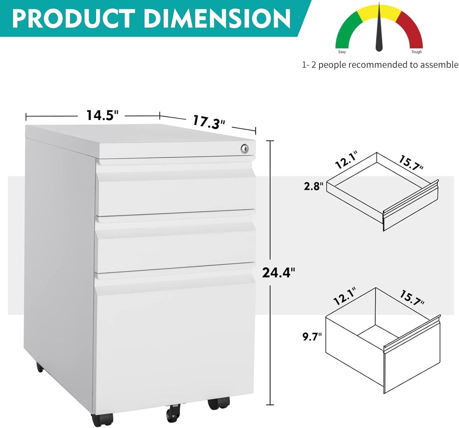 White Metal 3-Drawer Lockable Mobile Filing Cabinet