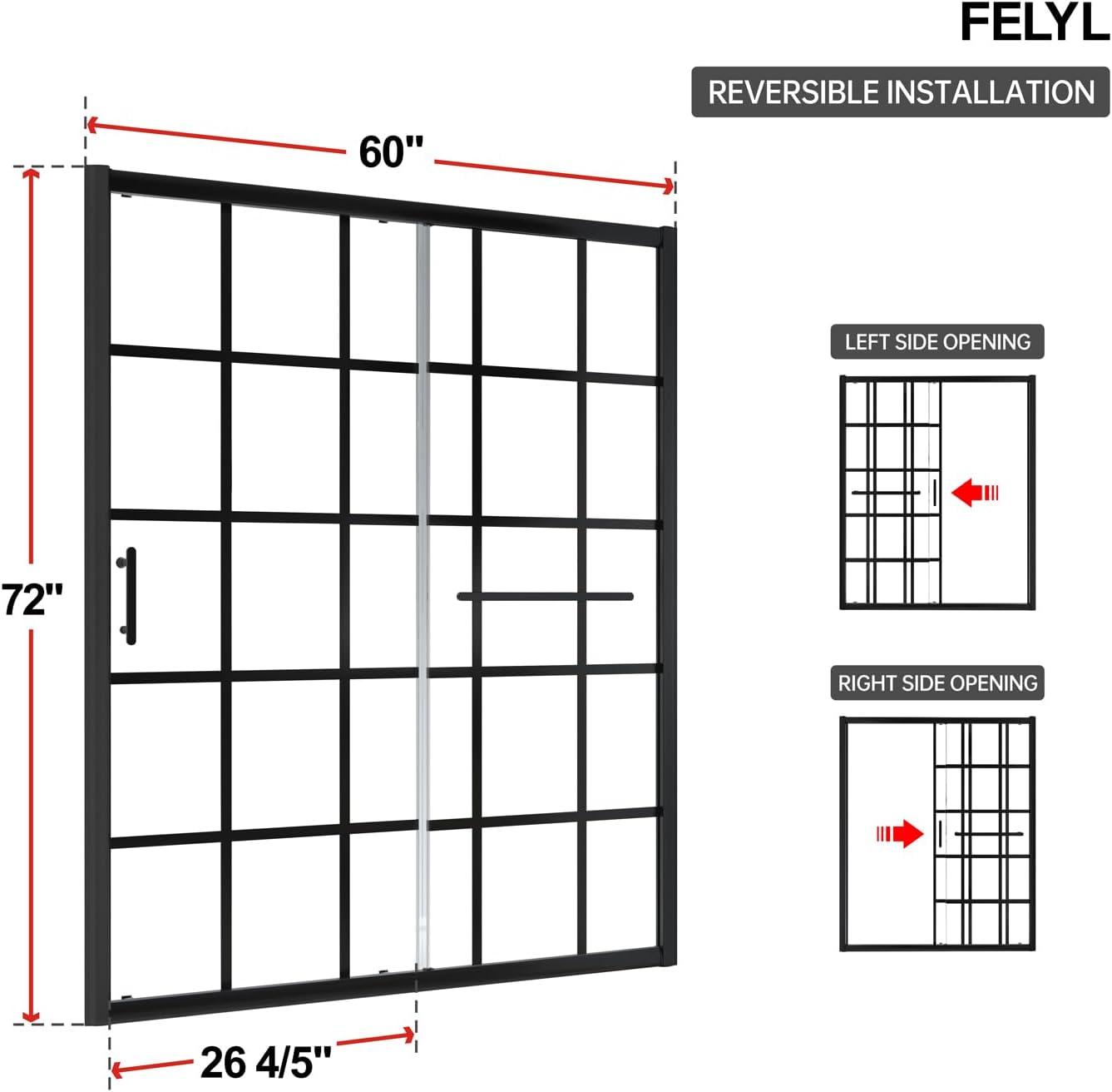 56-60" W x 72" H Framed Grid Pattern Single Sliding Shower Door with 1/4" (6mm) Clear SGCC Tempered Glass in Matte Black Finish, Reversible Installation