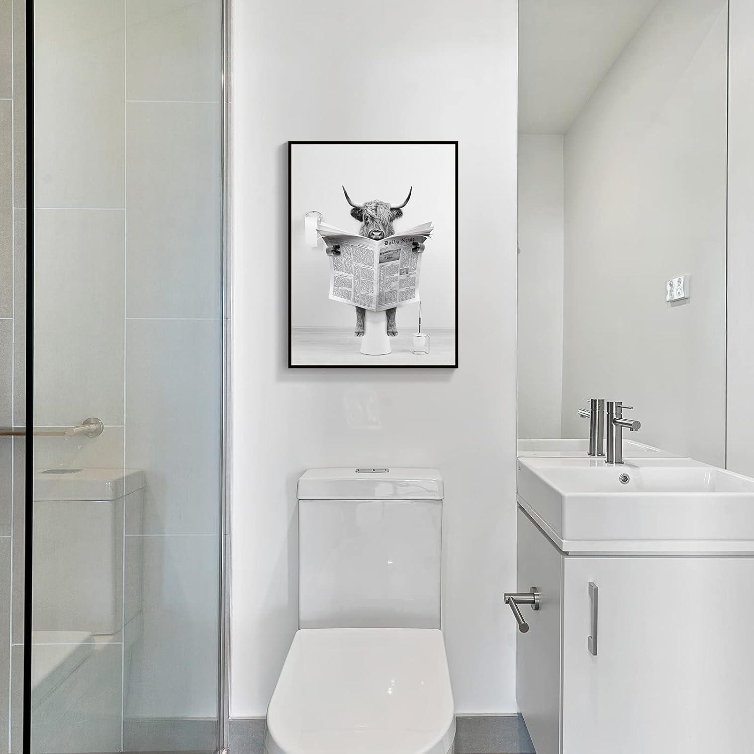 Modern Black Framed Highland Cow Wall Art Minimalist Bathroom Wall Decor Cute Funny Animals Artwork Canvas Prints Ready to Hang for Guest Bathroom, Hotel, Condo, Kids Bathroom, 12”x16”