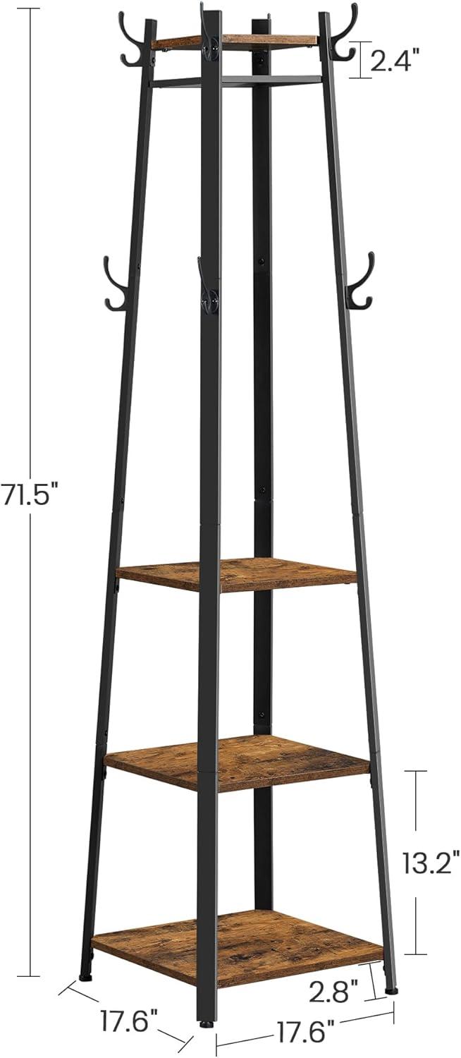 VASAGLE 8 Hooks Coat Rack Stand with 3 Shelves  Coat Tree for Entryway Bedroom Living Room Rustic Brown and Black